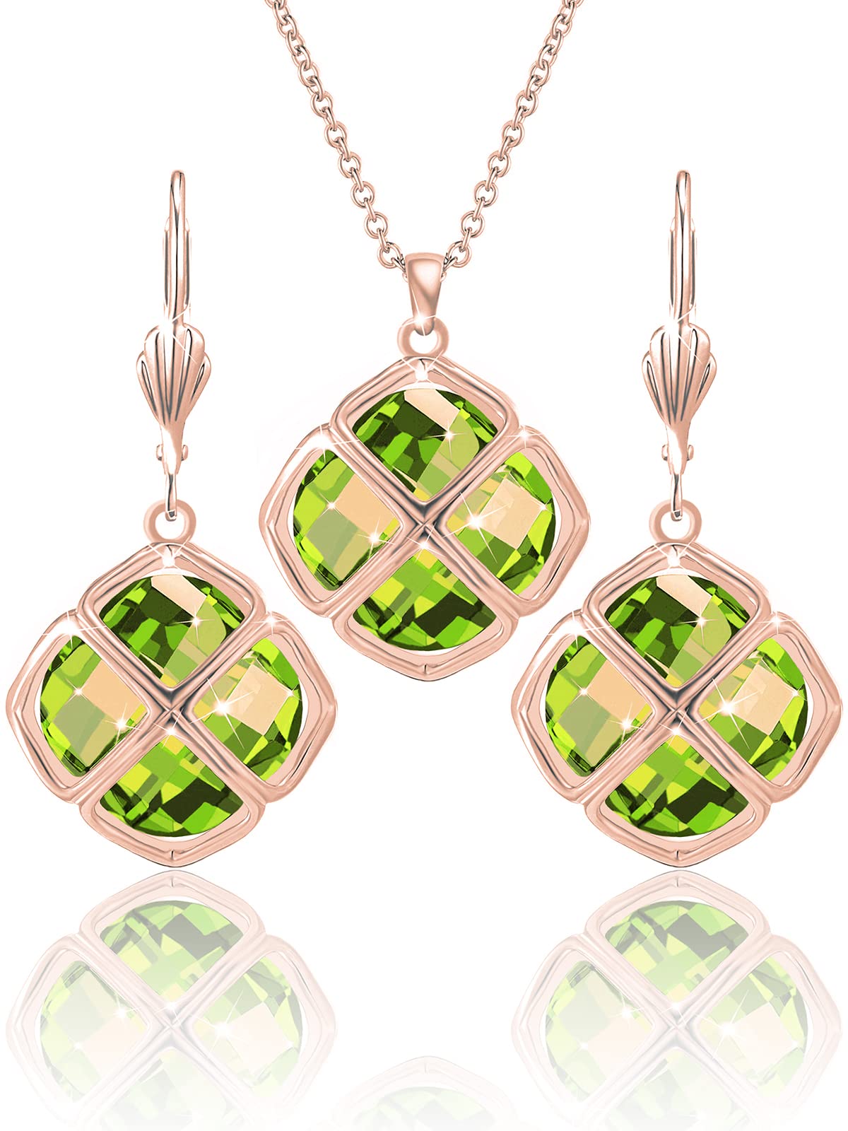 Qinpan 14MM Crystal Pendant Dangle Necklace Earrings Sets for Women Glod Plated Costume Jewelry, 38*17.8mm, Rose Gold, Peridot