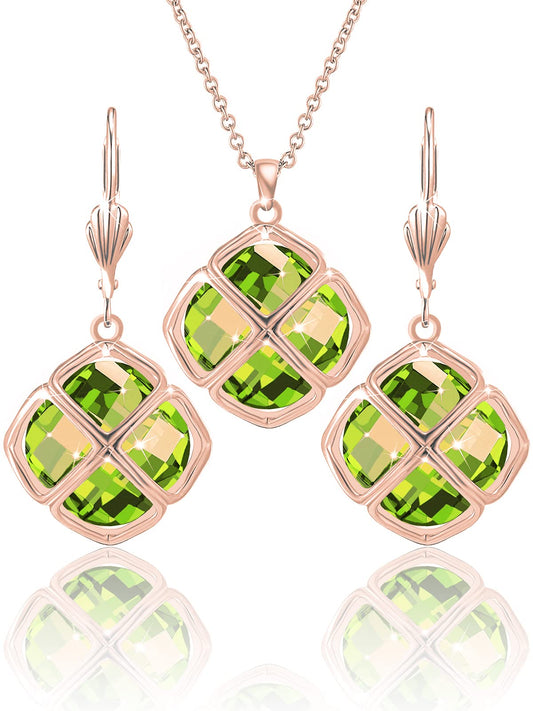 Qinpan 14MM Crystal Pendant Dangle Necklace Earrings Sets for Women Glod Plated Costume Jewelry, 38*17.8mm, Rose Gold, Peridot