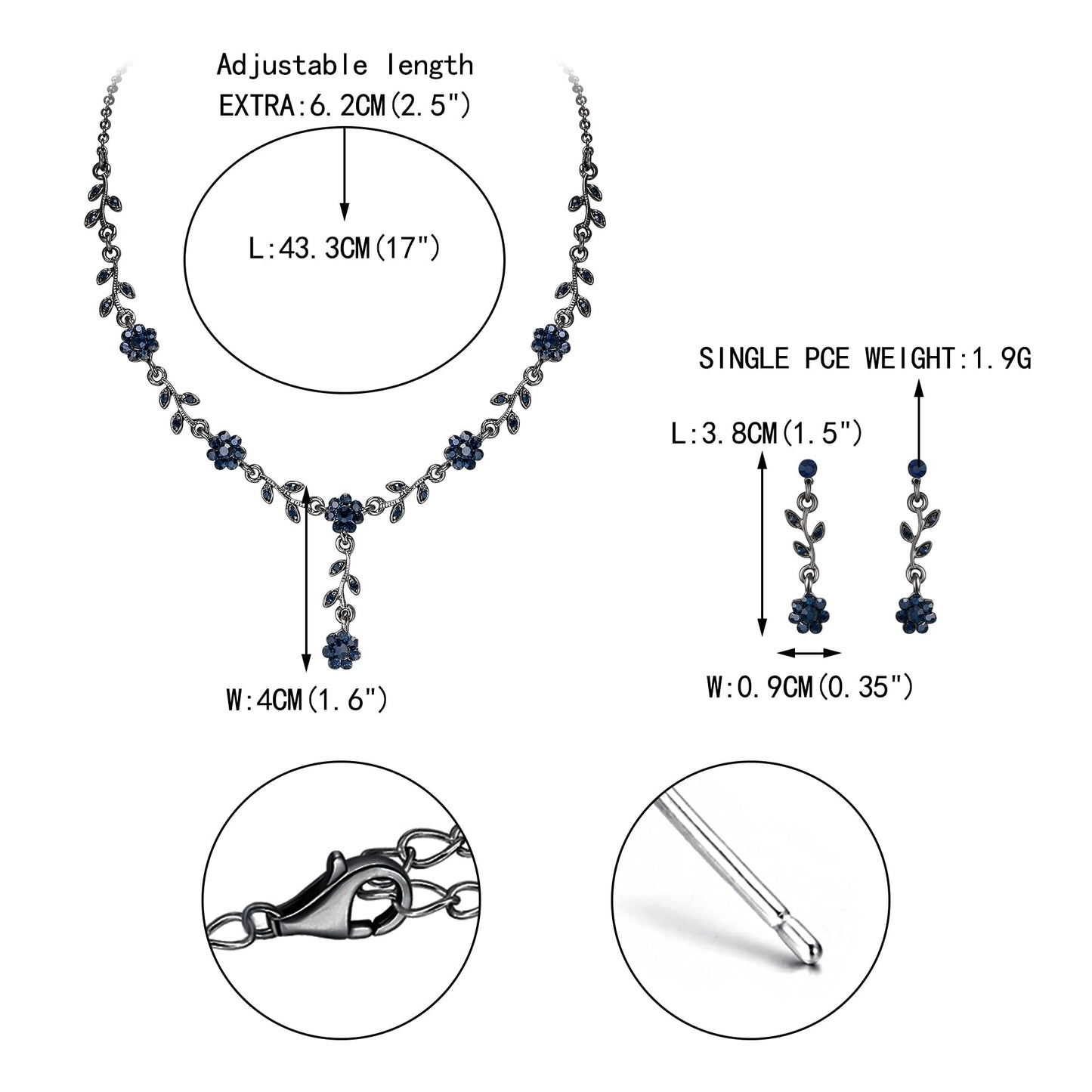 EVER FAITH Rhinestone Costume Jewelry for Prom Austrian Crystal Halloween Party Flower Necklace Earrings Set for Women Sapphire Blue Black-Tone