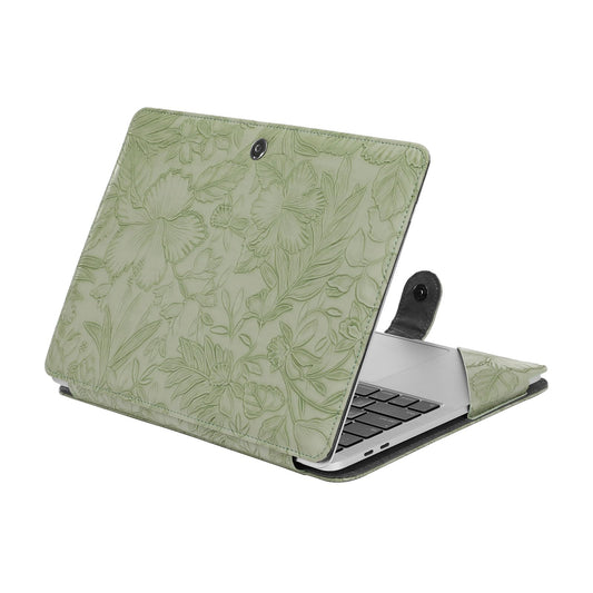MOSISO Case Compatible with MacBook Air 13.6 inch M5 M4 M3 M2 2026-2022 /Air 13 M1 2022-2018 /Pro 13 M2 M1 2022-2016, Embossed Retro Hibiscus PU Leather Portfolio Protective Stand Cover, Sage Green