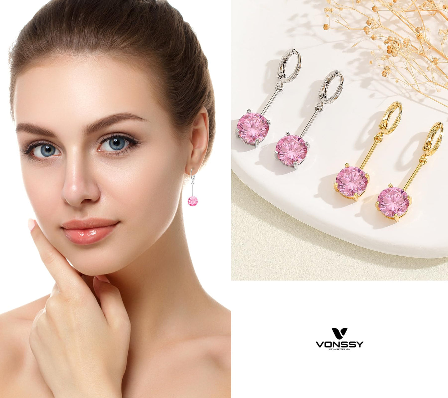 VONSSY Gemstone Drop Dangle Earrings | Platinum/Gold Plated Leverback Crystal Cubic Zirconia Hanging Red/Pink/Blue Earrings (Pink-Platinum)
