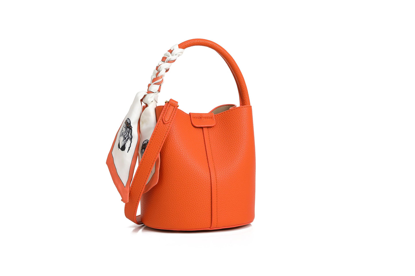 Women's small crossbody bag made of synthetic leather, mini bucket style shoulder bag with scarf, detachable shoulder strap (orange)