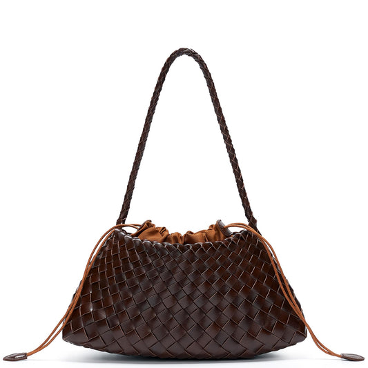 YDF Small Woven Purse for Women, Vegan Leather Shoulder Bag, Slouchy Tote Bag with Inner Drawstring Pouch, Underarm Handbag- Dark Brown