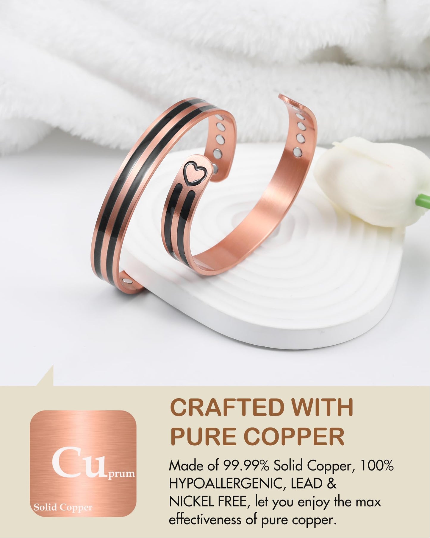 Feraco Copper Bracelet for Men Women, 12X Enhanced Strength Magnetic Bracelet with 3800 Gauss Neodymium Magnets, Pure Copper Cuff Bangle, Adjustable Jewelry Gift (Black Heartflow)