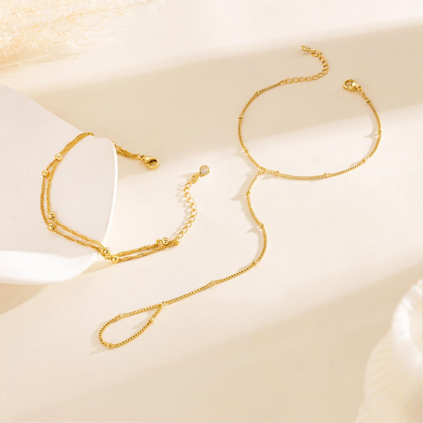 2PCS Gold Hand Chain Finger Bracelet for Women, 14K Gold Plated Satellite Bead Slave Bracelet, Waterproof Boho Hand Harness Jewelry for Summer Beach & Party, Tarnish Resistant, Adjustable Gift for Her