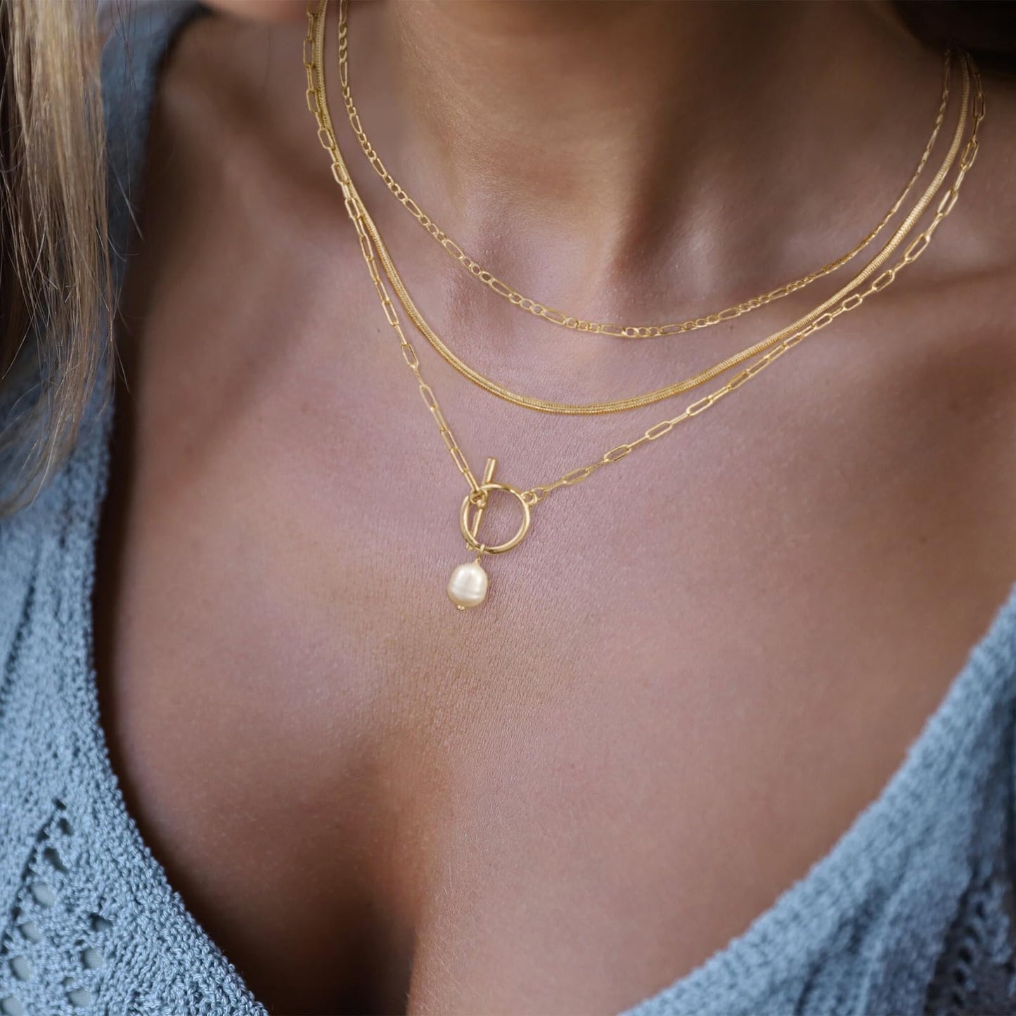 MFRYK Gold Necklaces Stack For Women,14K Gold Plated Simple Layered Choker Necklaces,Stackable Multilayer Gold Small Square Pendant Box Paperclip Chain Layered Necklaces Set Jewelry Gift for Women