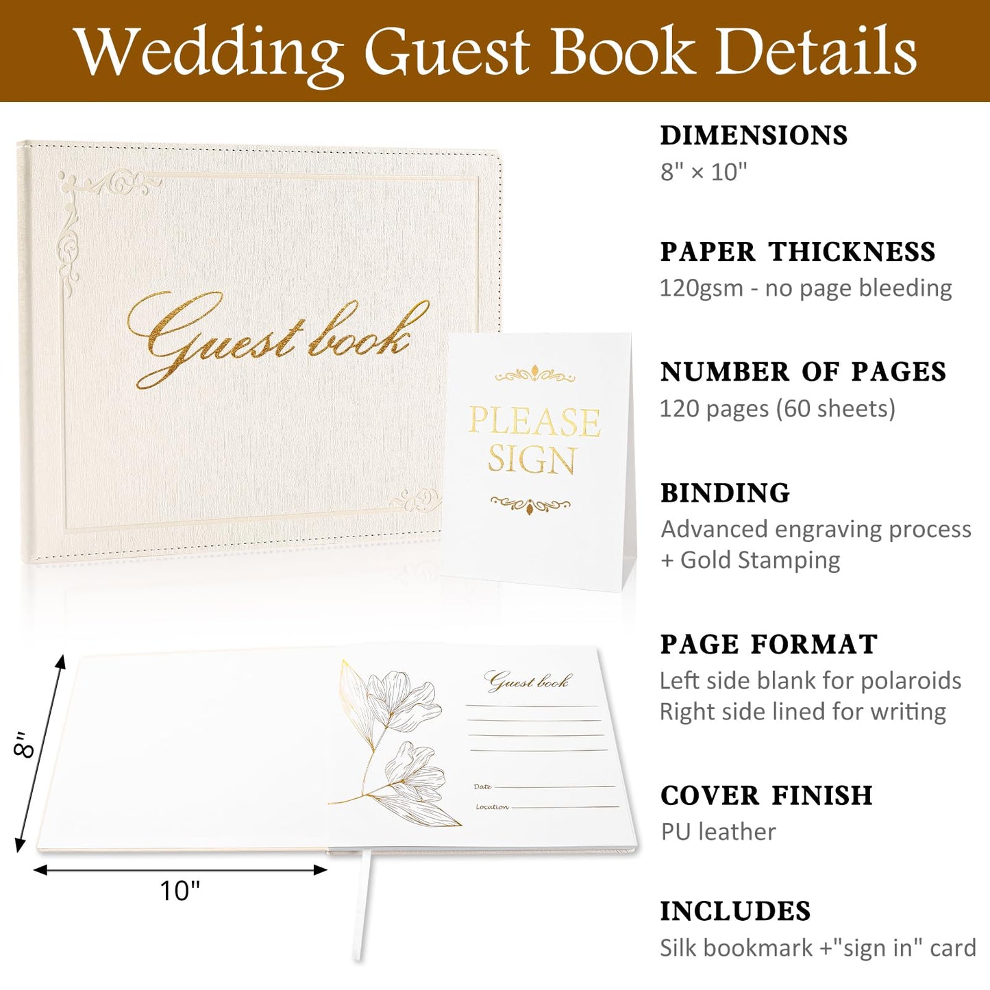 Rolarhola 8x10 Leather Guest Book and Standup Sign Set, Gold Foiled Cover Registry Book for Wedding Reception, Retirement Party, Vacation Homes and Events, 120 Sheets (White Blank)