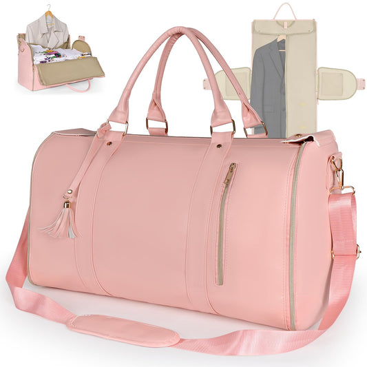 Geestock Convertible Garment Duffle Bags for Travel, Carry On Garment Bag with Shoe Pouch & Shoulder Strap - PU Leather Foldable Travel Duffle Bags 2 in 1 Hanging Dress Suitcase Suit Bag, Pink