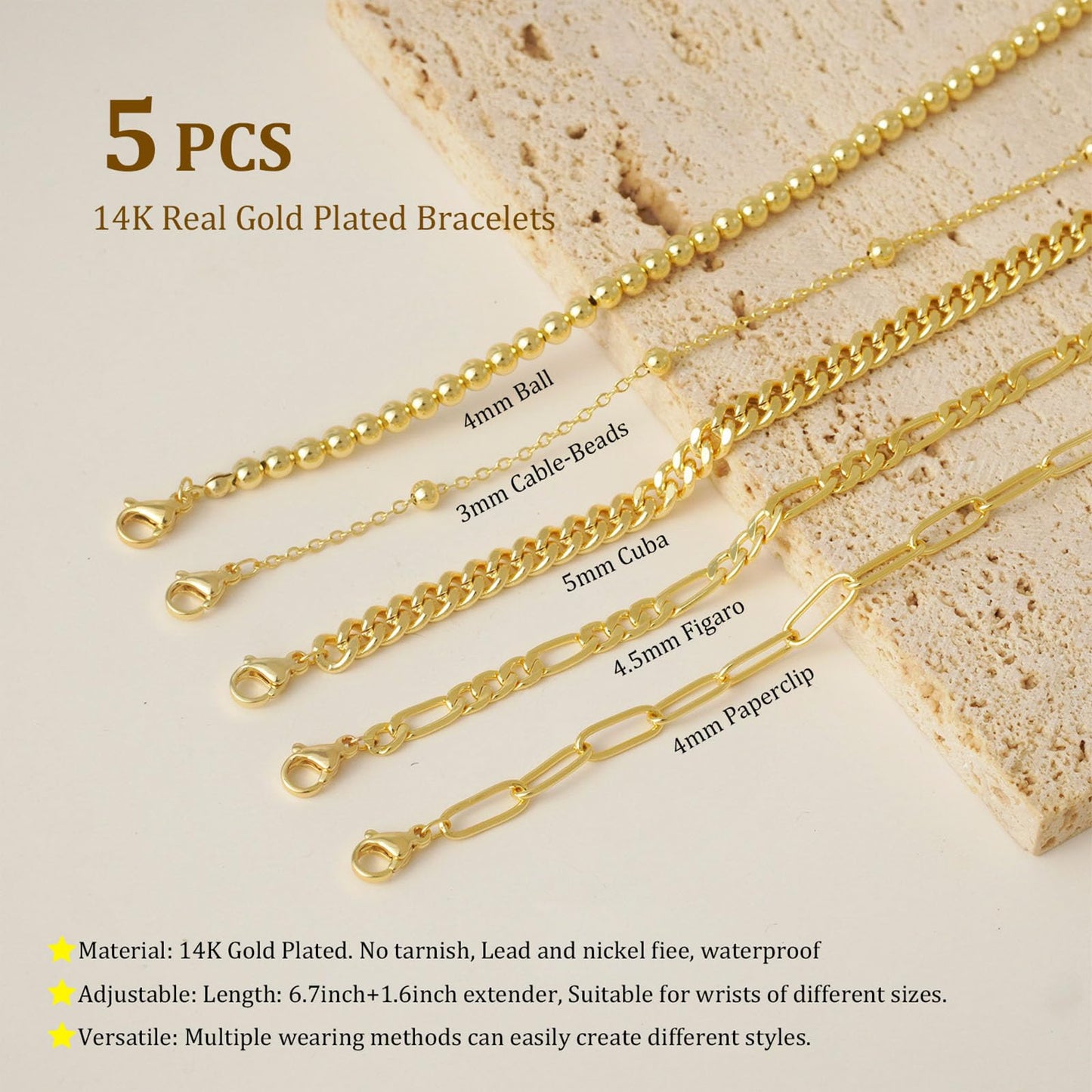 Gold Bracelets for Women, Dainty 14K Gold Plated Bracelet Stack for Women Trendy CZ Tennis Paperclip Cuban Chain Stackable Adjustable Waterproof Link Bracelet Jewelry Set Fashion Accessories Gifts
