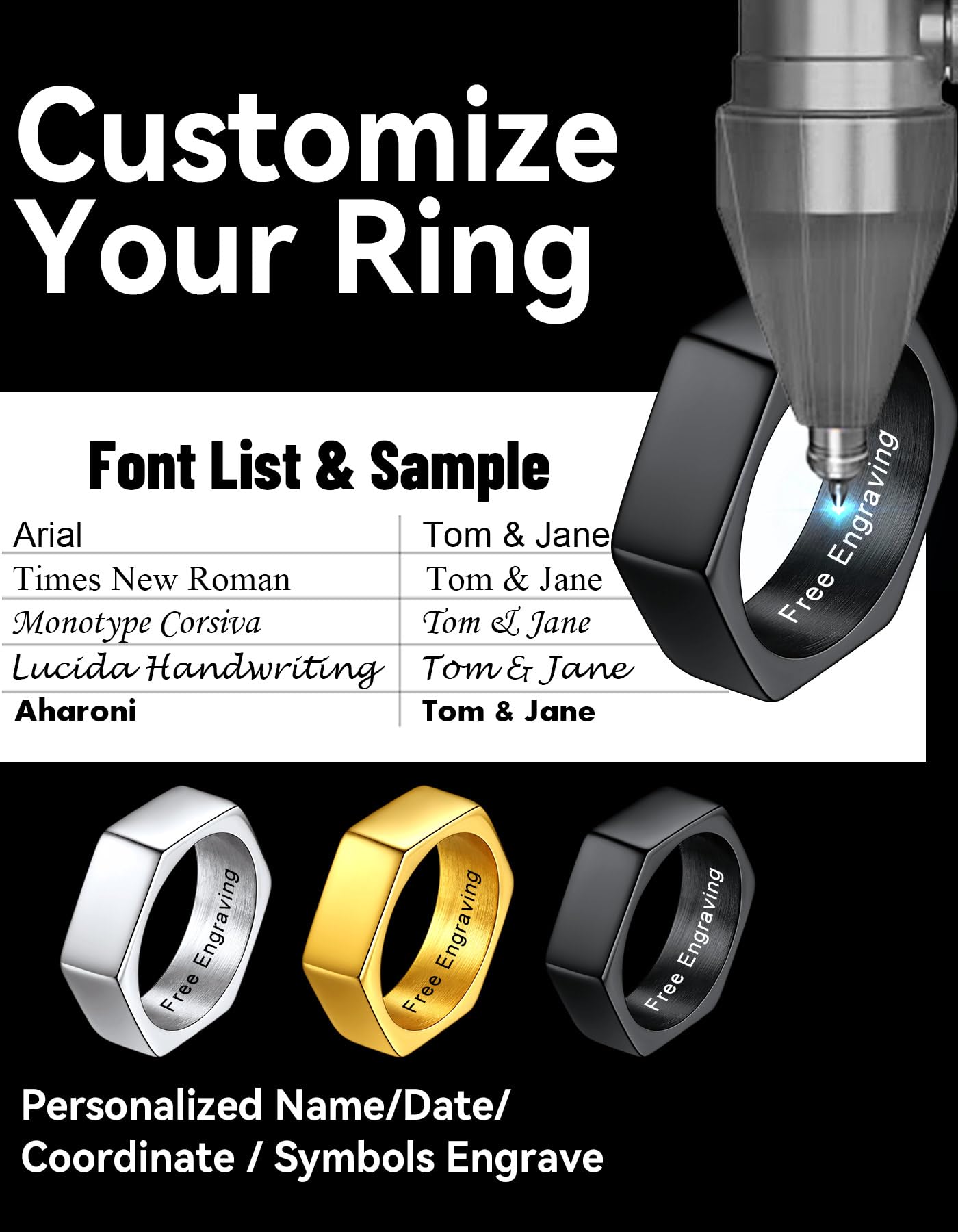 ChainsHouse Personalized Engravable Stainless Steel Black Hexagon Geometric Biker Ring Bands, Size 12
