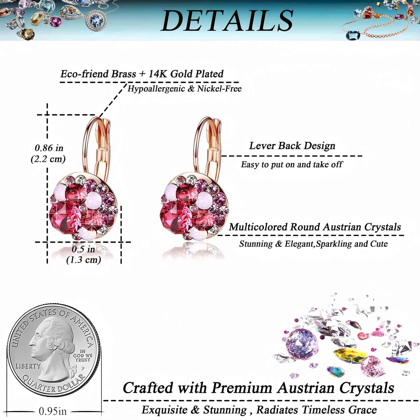 Multicolored Austrian Crystal Drop Earrings for Women 14K Gold Plated Hypoallergenic Leverback Dangle Earrings