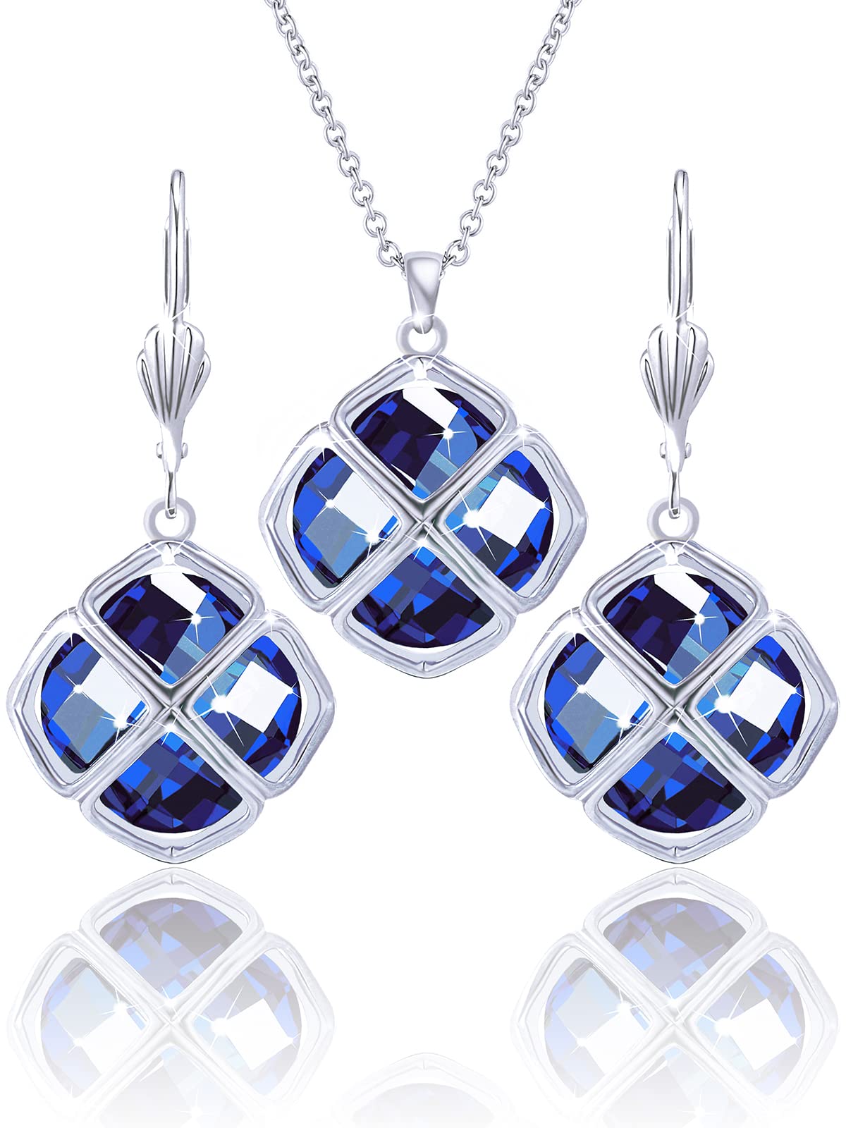 Qinpan 14MM Crystal Pendant Dangle Necklace Earrings Sets for Women Glod Plated Costume Jewelry, 38*17.8mm, Platinum, Sapphire