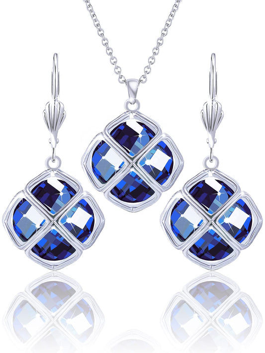 Qinpan 14MM Crystal Pendant Dangle Necklace Earrings Sets for Women Glod Plated Costume Jewelry, 38*17.8mm, Platinum, Sapphire