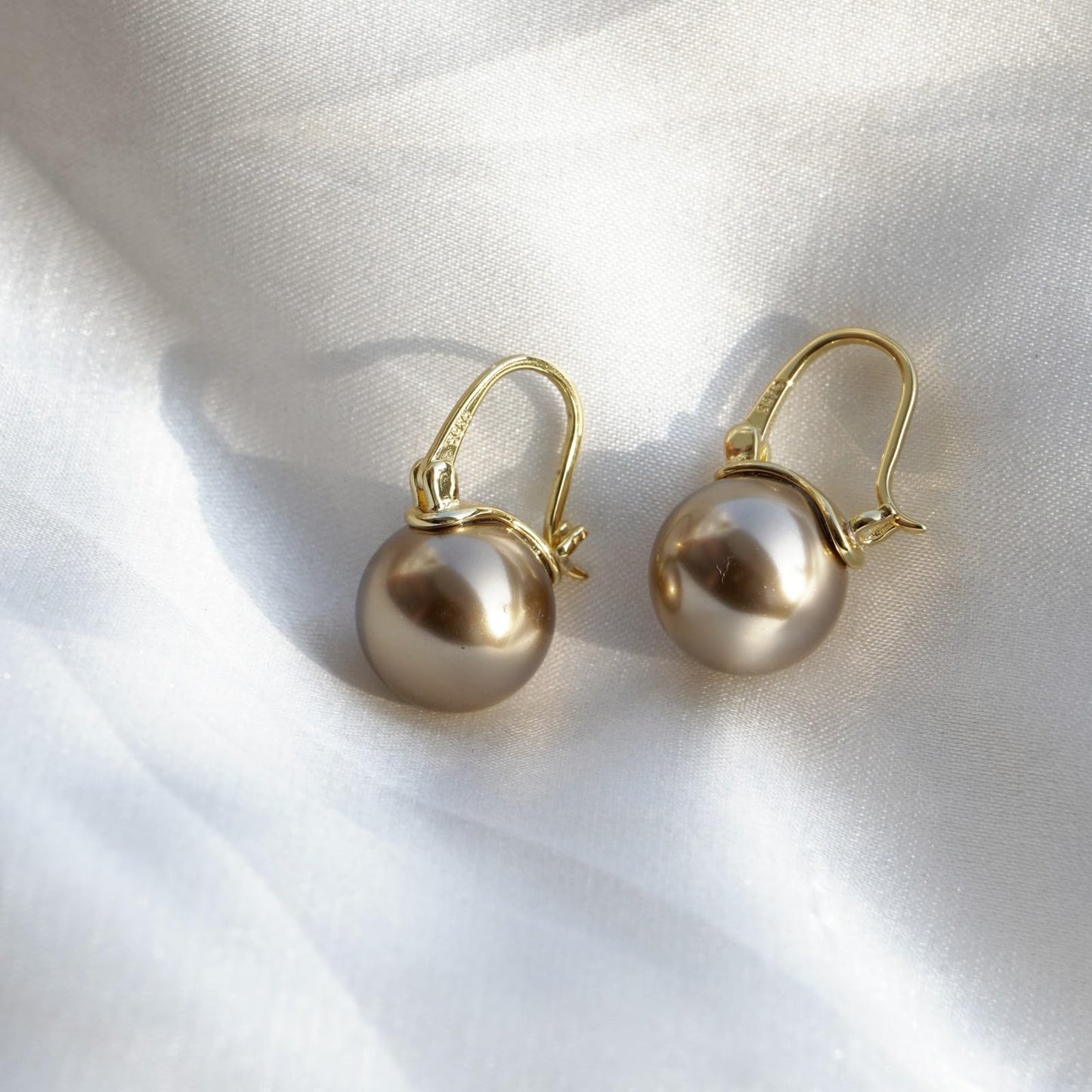 OwMell Elegant 925 Sterling Silver Pearl Drop Earrings Dangle Stud Gold Plated Earrings for Women Large Size 12mm - Champagne Gold