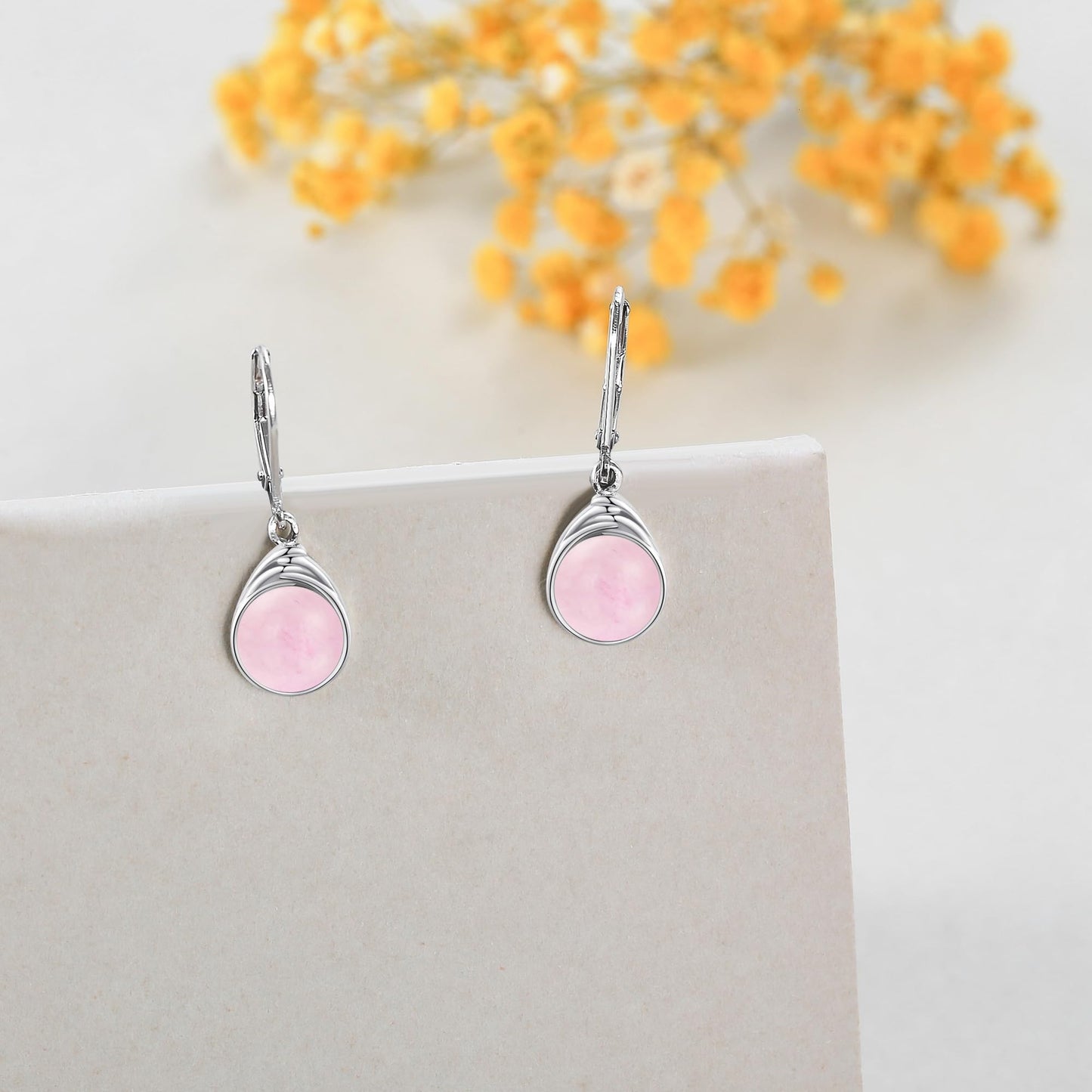 POPLYKE Rose Quartz Earrings for Women Sterling Silver Round Rose Quartz Leverback Earrings Dangle Earrings Jewelry Christmas Birthday