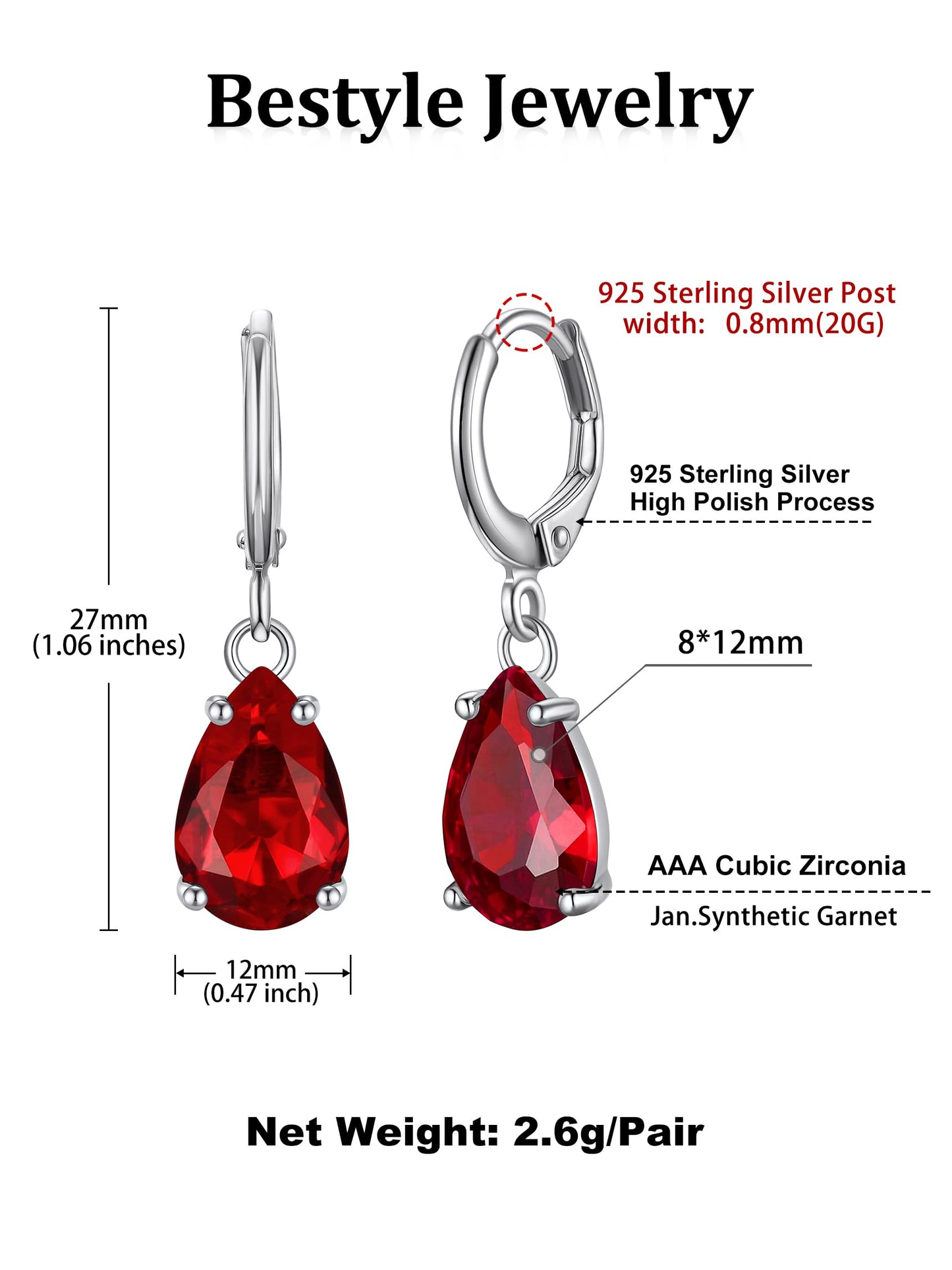 Bestyle Sterling Silver Teardrop January Dangle Drop Birthstone Earrings - Sparkle Red Garnet Earrings for Women Dangling -Small Silver Huggie Hoop Earrings For Women