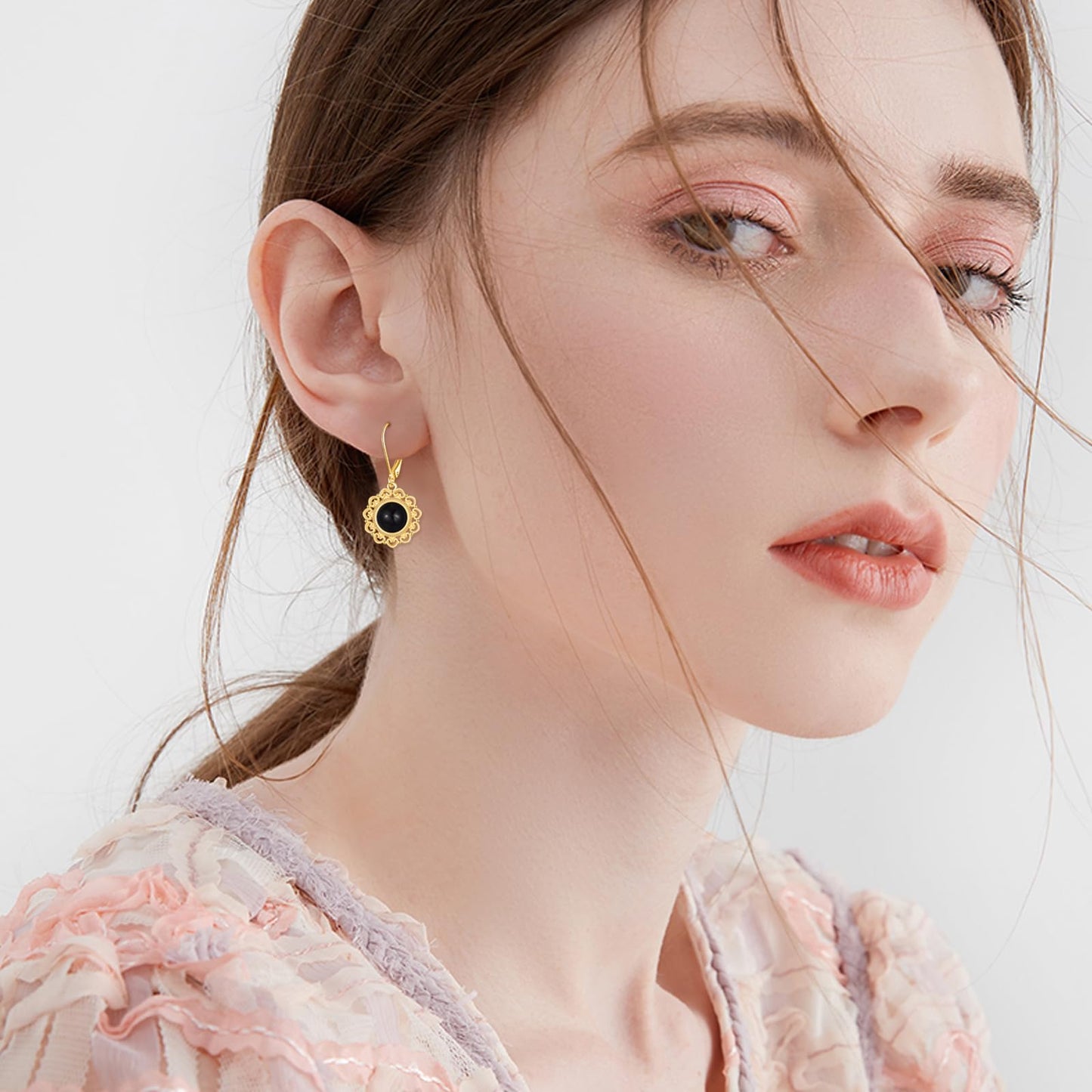 Black Onyx Dangle Drop Earrings Sterling Silver 18K Yellow Gold Plated Filigree Black Onyx Leverback Earrings