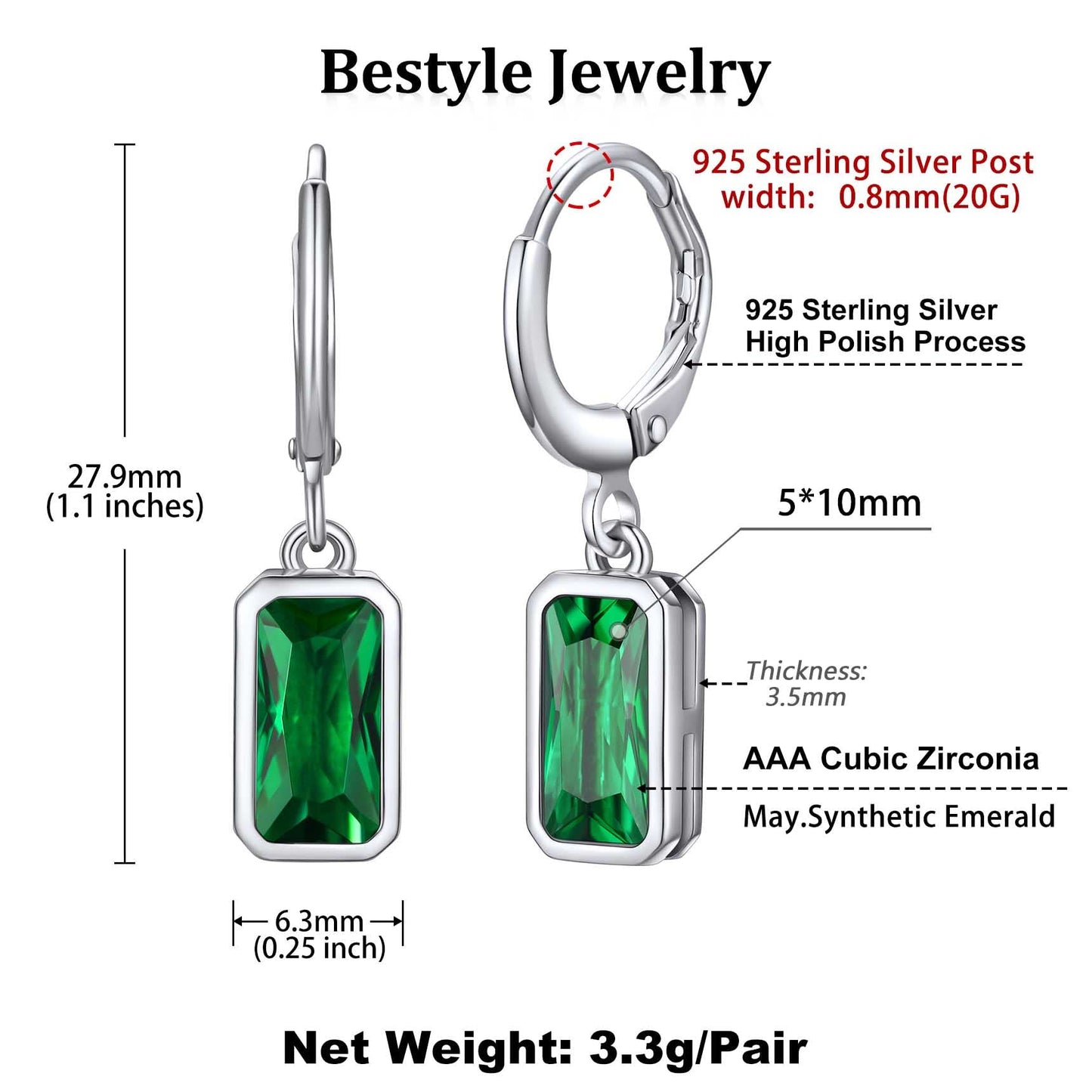 Bestyle Green Emerald Drop Earring with Hypoallergneic Silver Huggie Hoops - Shimmer May Birthstone Dangles Silver Earring for Women - Dainty Cute Earrings for Mom Wife Grandma