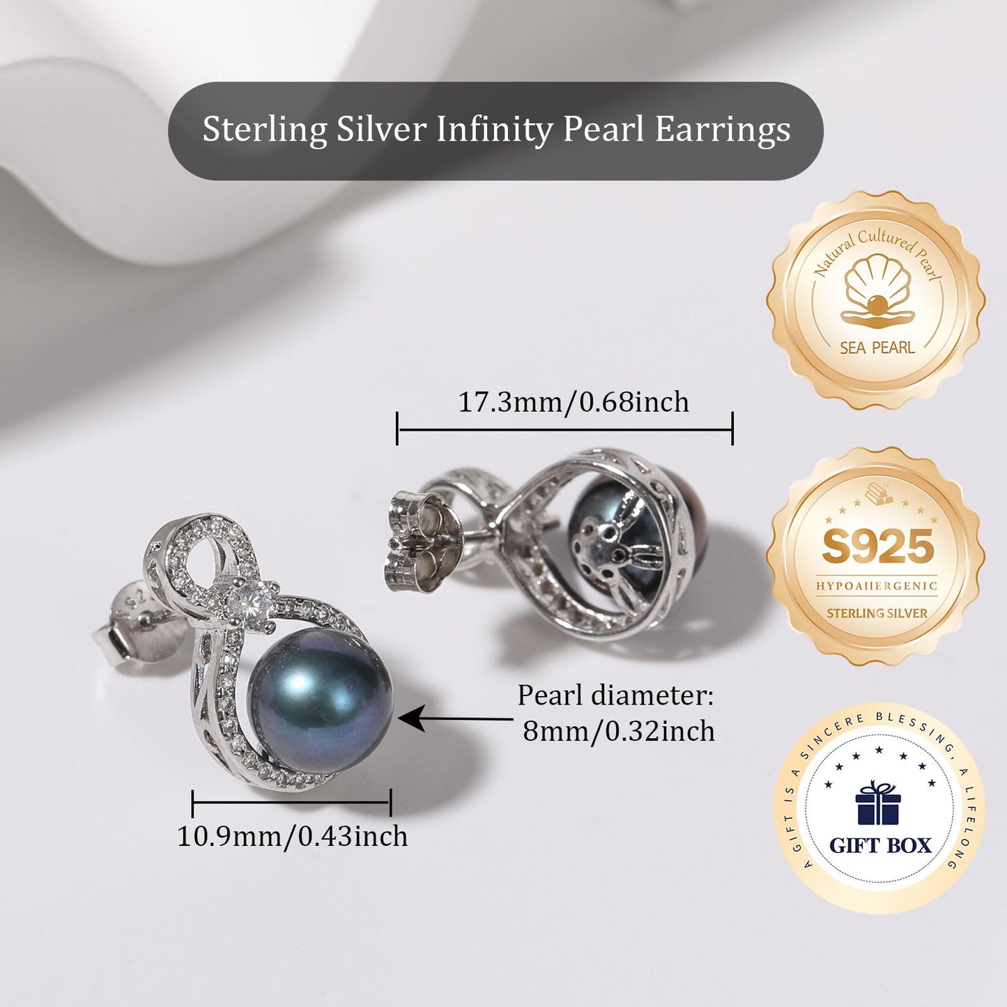 BAMIKI S925 Sterling Silver Infinity Pearl Earrings Stud for Women, Genuine Quality 8-8.5mm Round Saltwater Cultured Tahitian Black Pearls Hypoallergenicity Jewelry Gifts for Mother Wife Bridal