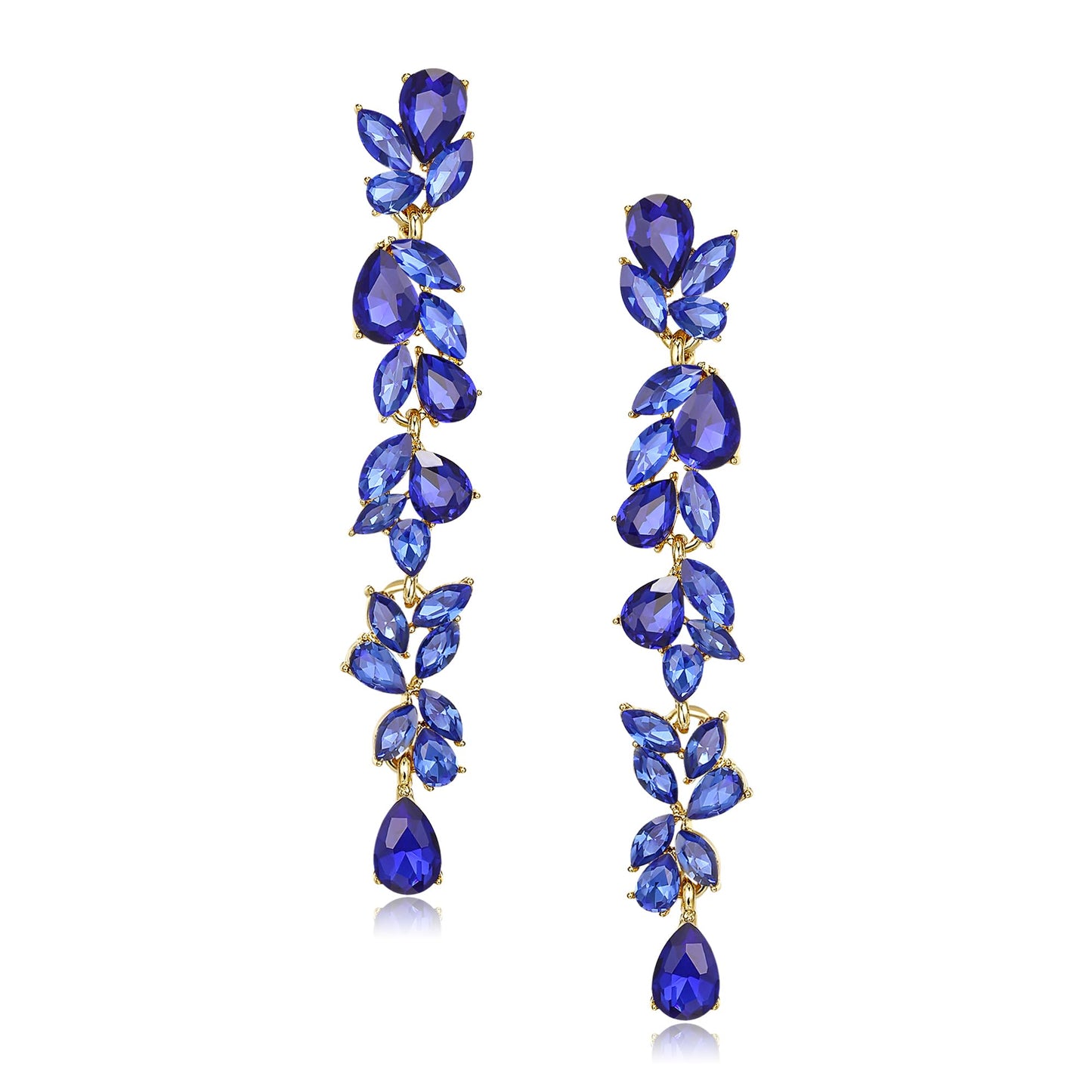 EVER FAITH Banquet Rhinestone Crystal Chandelier Dangle Earring for Women Brides, Art Deco Marquise Teardrop Bridal Long Drop Earrings for Prom Royal Blue Gold-Plated-Base
