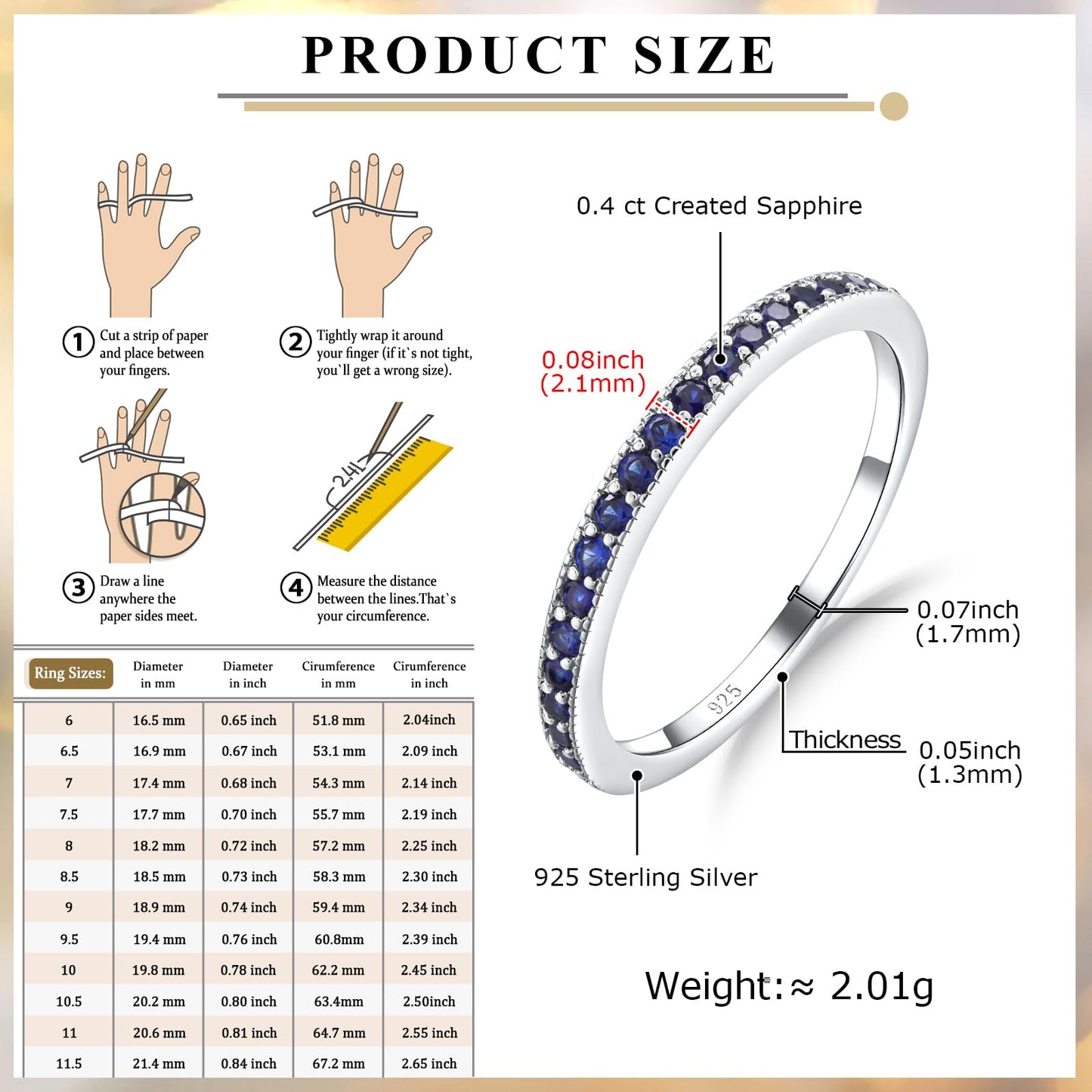 AGRULE Sapphire Eternity Band Stackable Wedding Rings for Men Women Sterling Silver Polished Finish September Birthstone Rings Saphire Ring Size 8