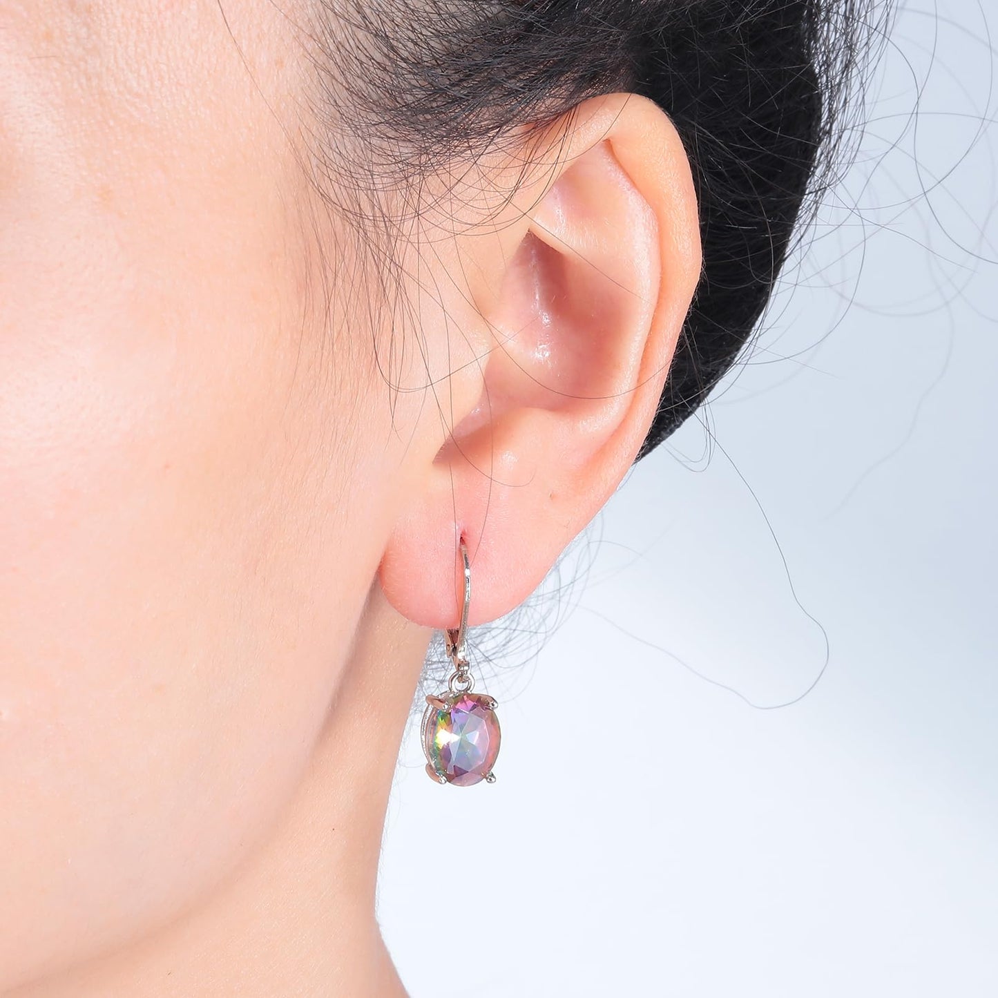 CiNily Cut-Oval Leverback Dangle Earrings for Women Rainbow Cubic Zircon 14k White Gold Plated Hypoallergenic Hanging Earrings Lightweight Summer Drop Earrings