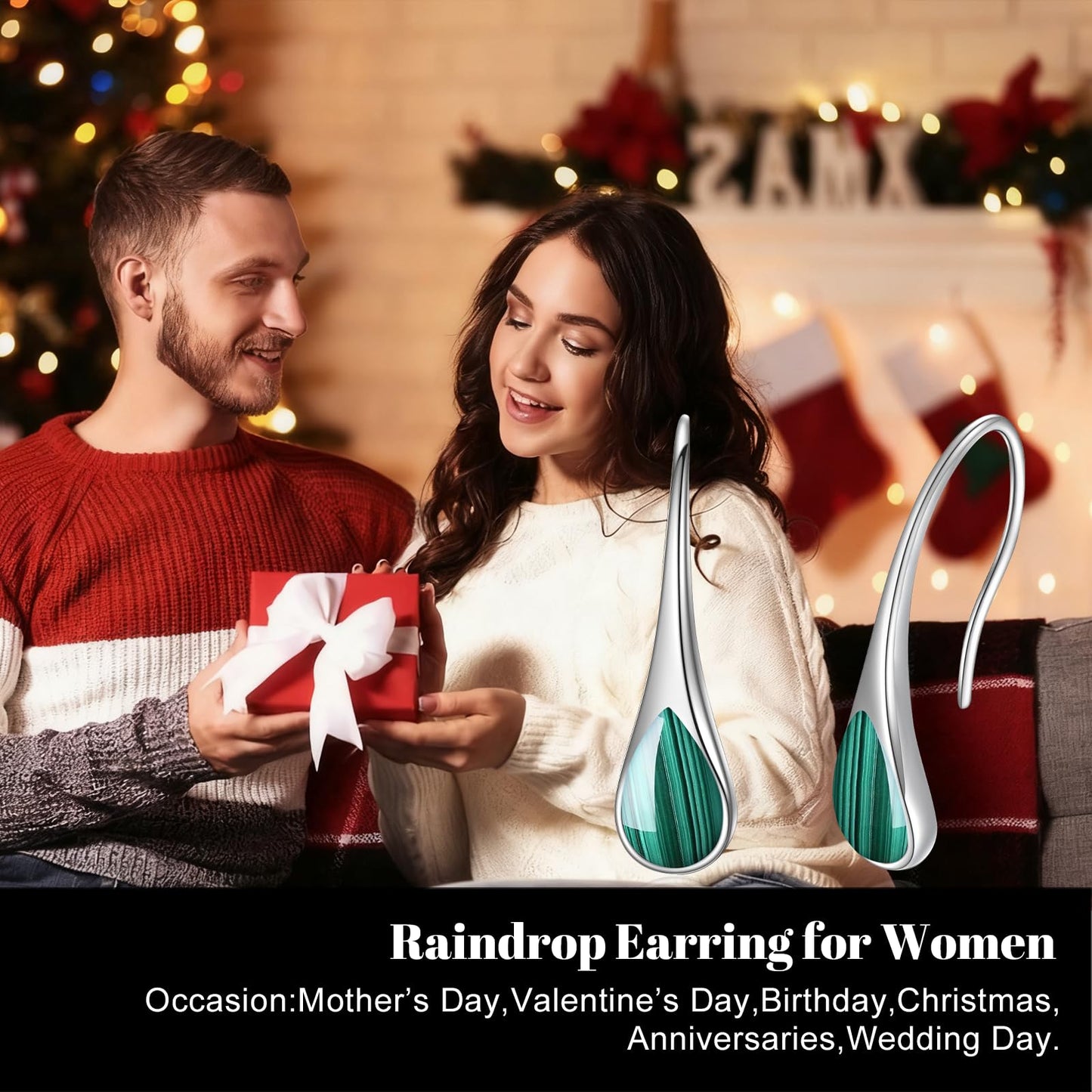 925 Sterling Silver Pear-Shaped Hook Earrings with Malachite, Teardrop Birthstone Jewelry Gifts for Women Wife Mom