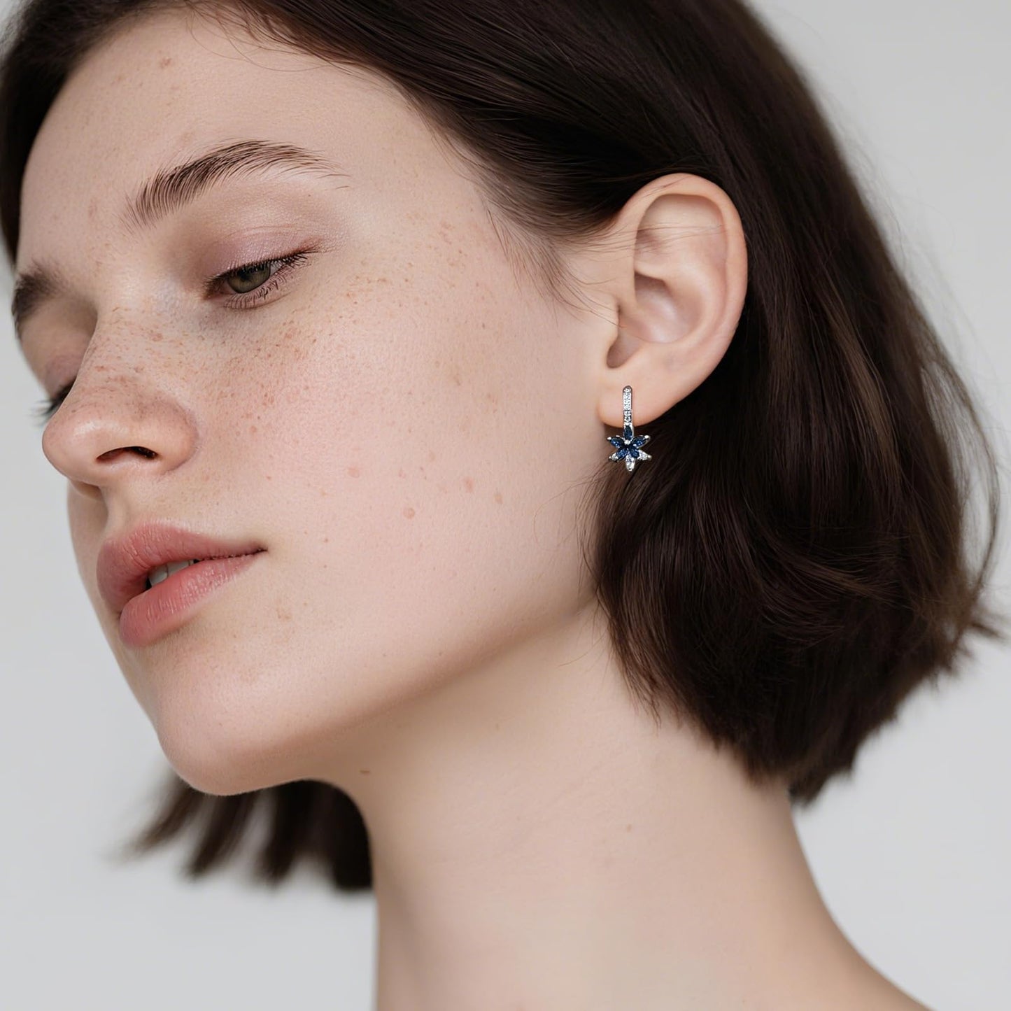 Watforsh 925 Sterling Silver Flower Earrings for Women Dangling Leverback Earrings with Sapphire and White Crystal Double Floral