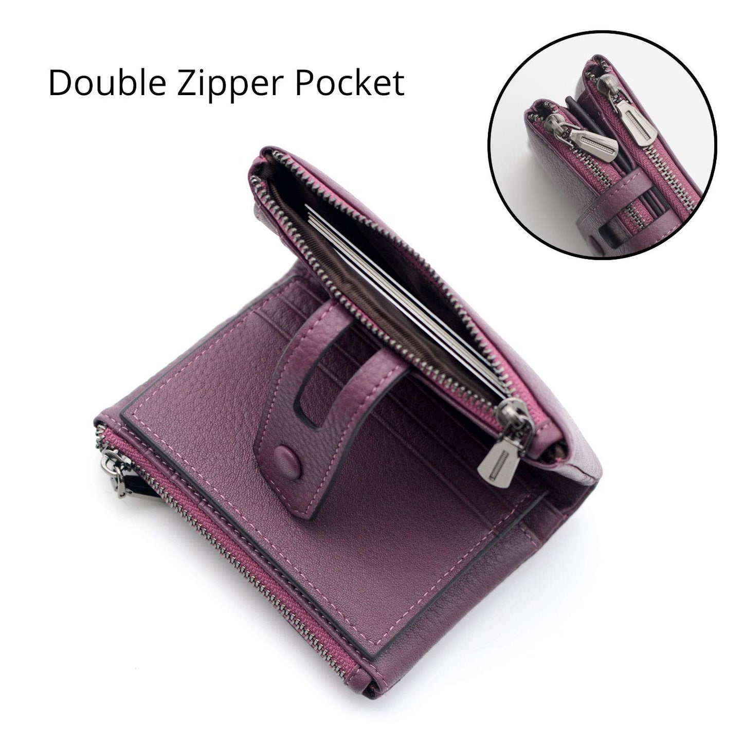 Bveyzi Small Soft Leather Wallet for Women RFID Blocking Ladies Card Holder with Double Zipper Pocket (Deep Plum)