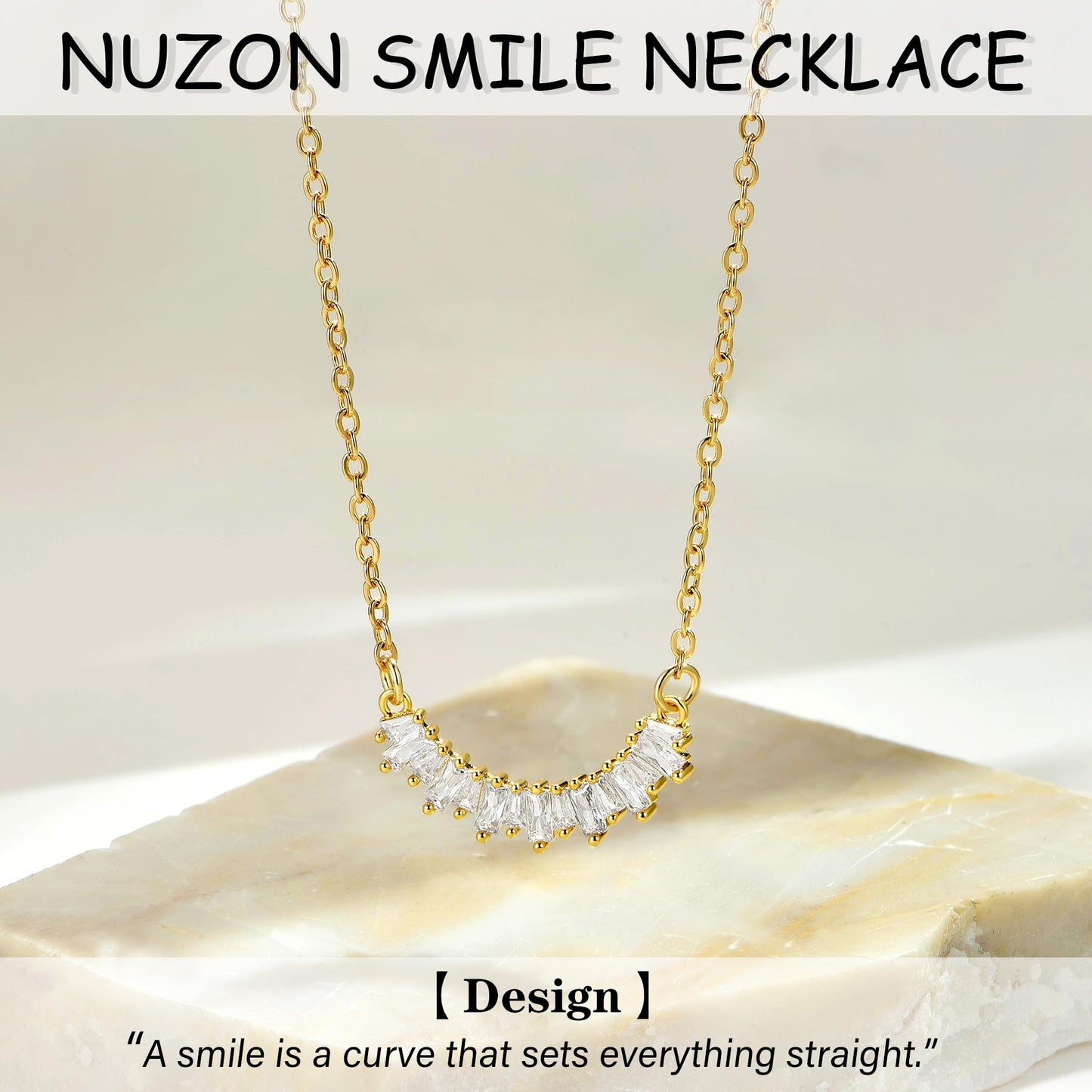 NUZON 18K Gold Plated CZ Bar Pendant Necklace for Women Curved Cluster Diamond Choker Necklace Cubic Zirconia Smile Chain Necklace Dainty Layering Jewelry 16’’
