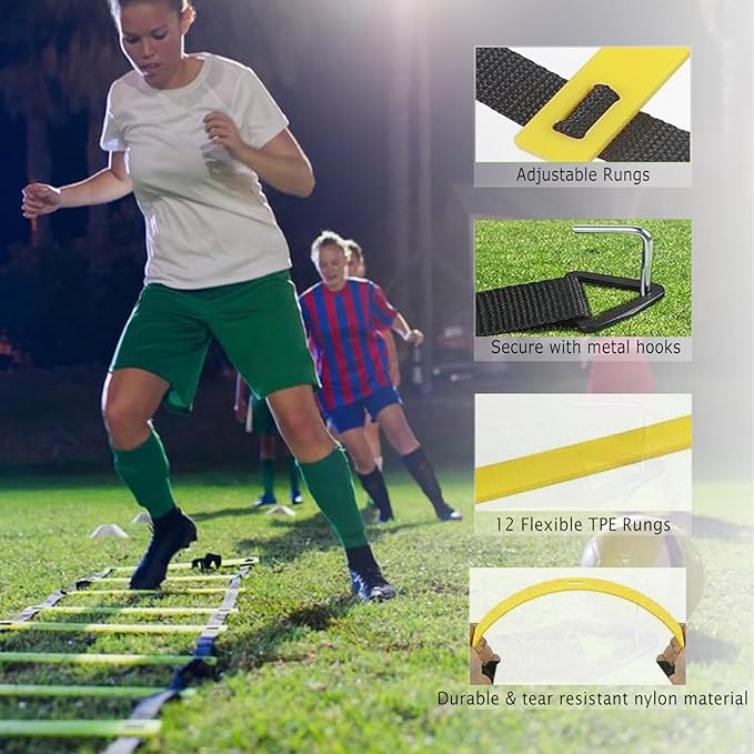 Speed & Agility Training Equipment-20ft Agility Ladder, 6 Poles, 12 Soccer Cones, Resistance Parachute, Jump Rope, Soccer Football Basketball Sport Training Set for Kids Youth Adults