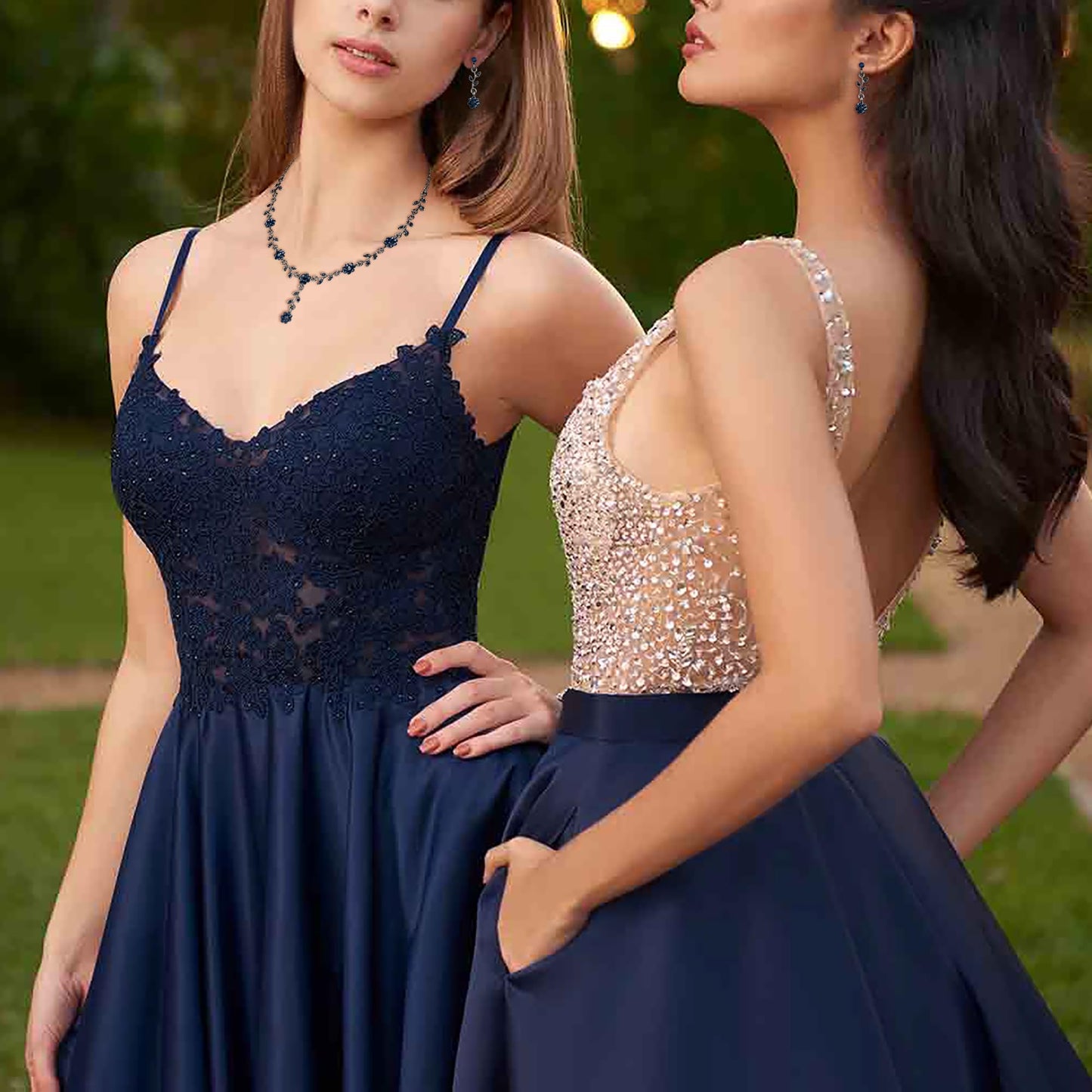 EVER FAITH Rhinestone Costume Jewelry for Prom Austrian Crystal Halloween Party Flower Necklace Earrings Set for Women Sapphire Blue Black-Tone