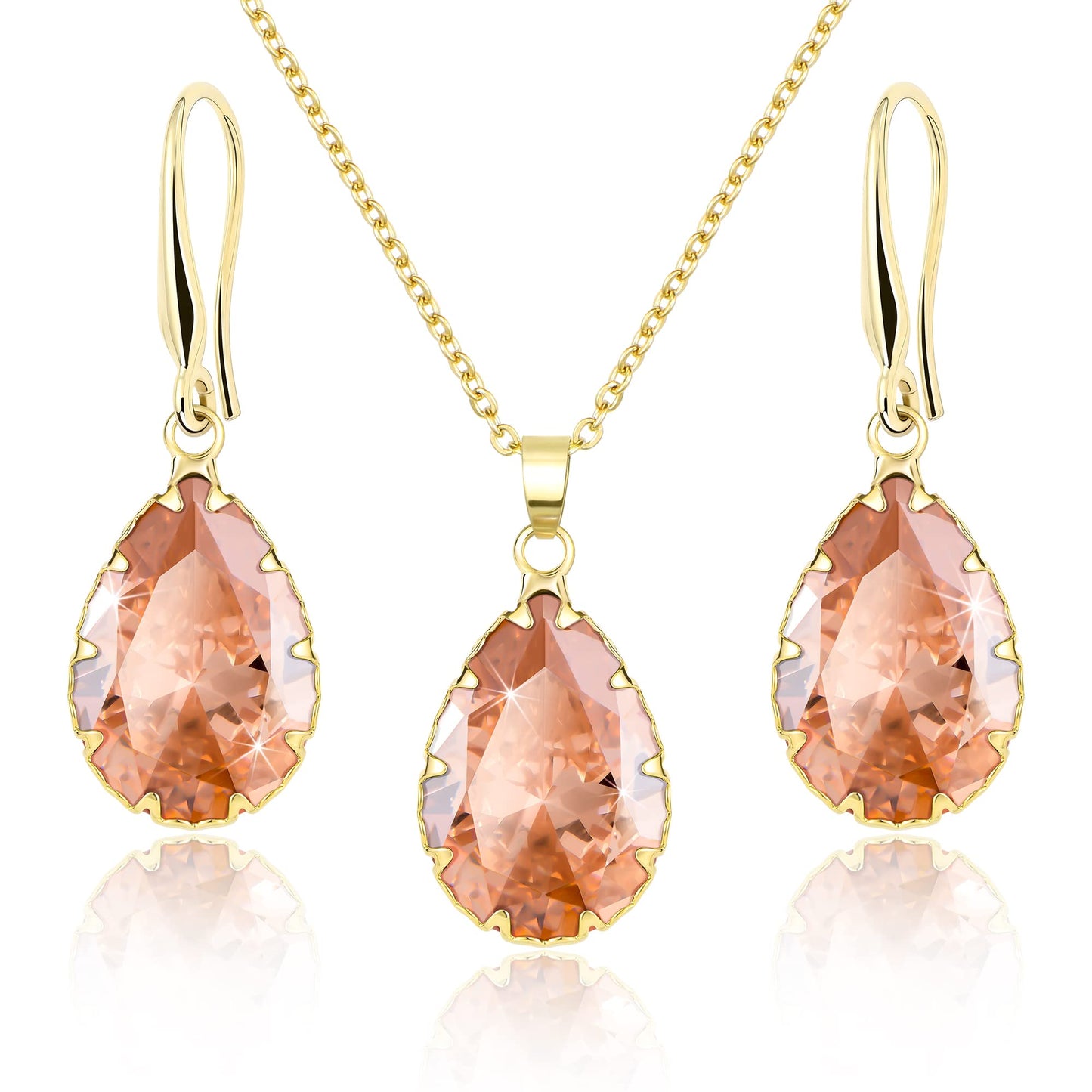 Linawe Citrine Crystal Gold Jewelry Sets for Women, Imitation Diamond Pendant Necklace Set, Rhinestone Drop Dangle Earrings Set, Birthstone Cubic Zirconia Matching Wedding Jewelry Set