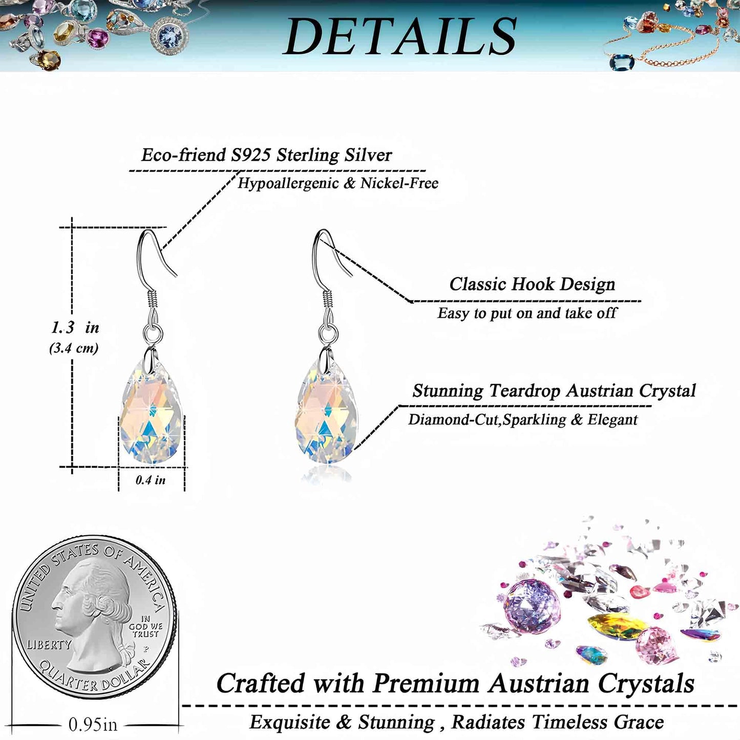 Austrian Crystal Teardrop Dangle Earrings for Women Drop Hook Earring 925 Sterling Silver Hypoallergenic Jewelry (Aurora Borealis)