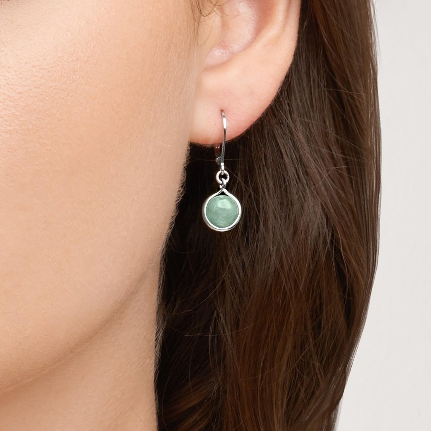MORGAN & PAIGE .925 Sterling Silver Rhodium Plated Genuine Green Jade Bezel Set Round Leverback Earrings for Women - Hypoallergenic Dangle Sterling Silver Earrings, 1-1/8" Length
