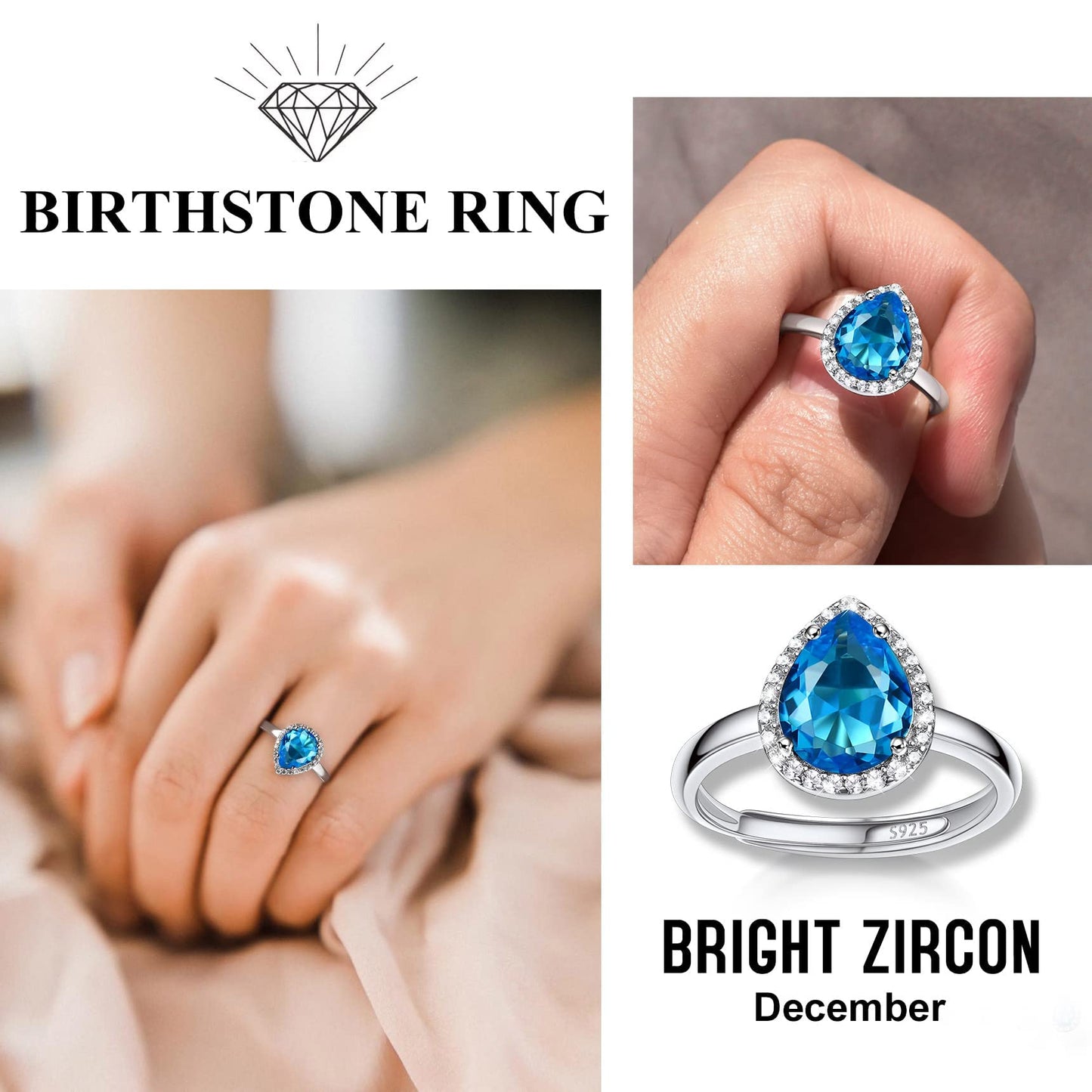 Bestyle CZ Teardrop Diamond Rings 5mm December Blue Topaz Birthstone Solitaire Rings, 925 Sterling Silver Rings Jewelry Gift for Wedding Anniversary Birthday