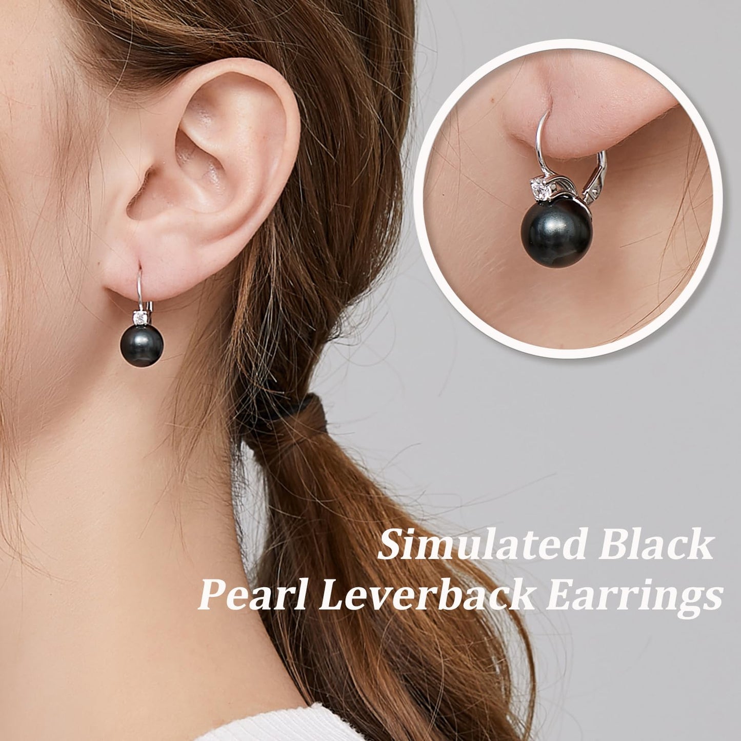 Black Pearl Leverback Earrings Pearl Dangle Drop Earring for Women 925 Sterling Silver Cubic Zirconia 10mm Jiahanzb