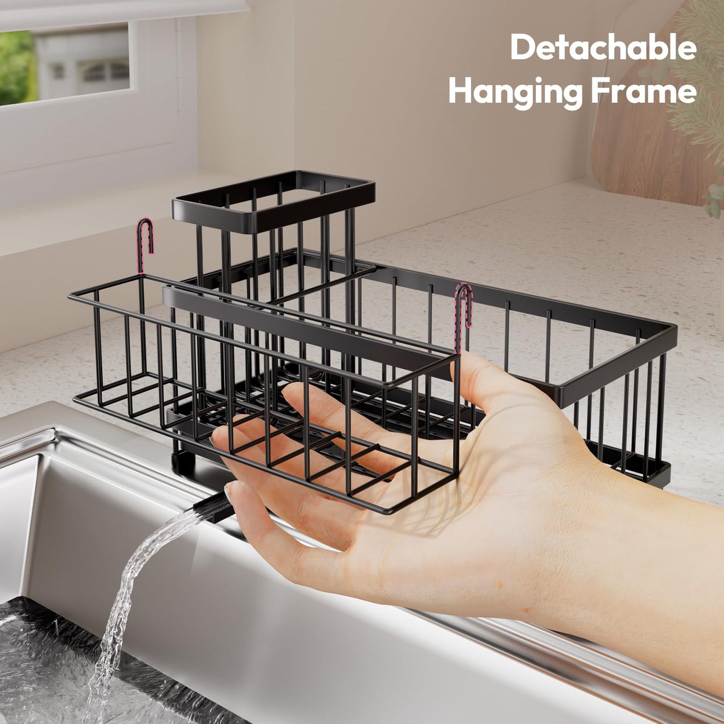 SWTYMIKI Sink Caddy Sponge Holder - Large Sponge Holder for Kitchen Sink with 360°Auto-Drain Tray, Rustproof Stainless Steel Kitchen Organizer Caddy for Countertop Organization