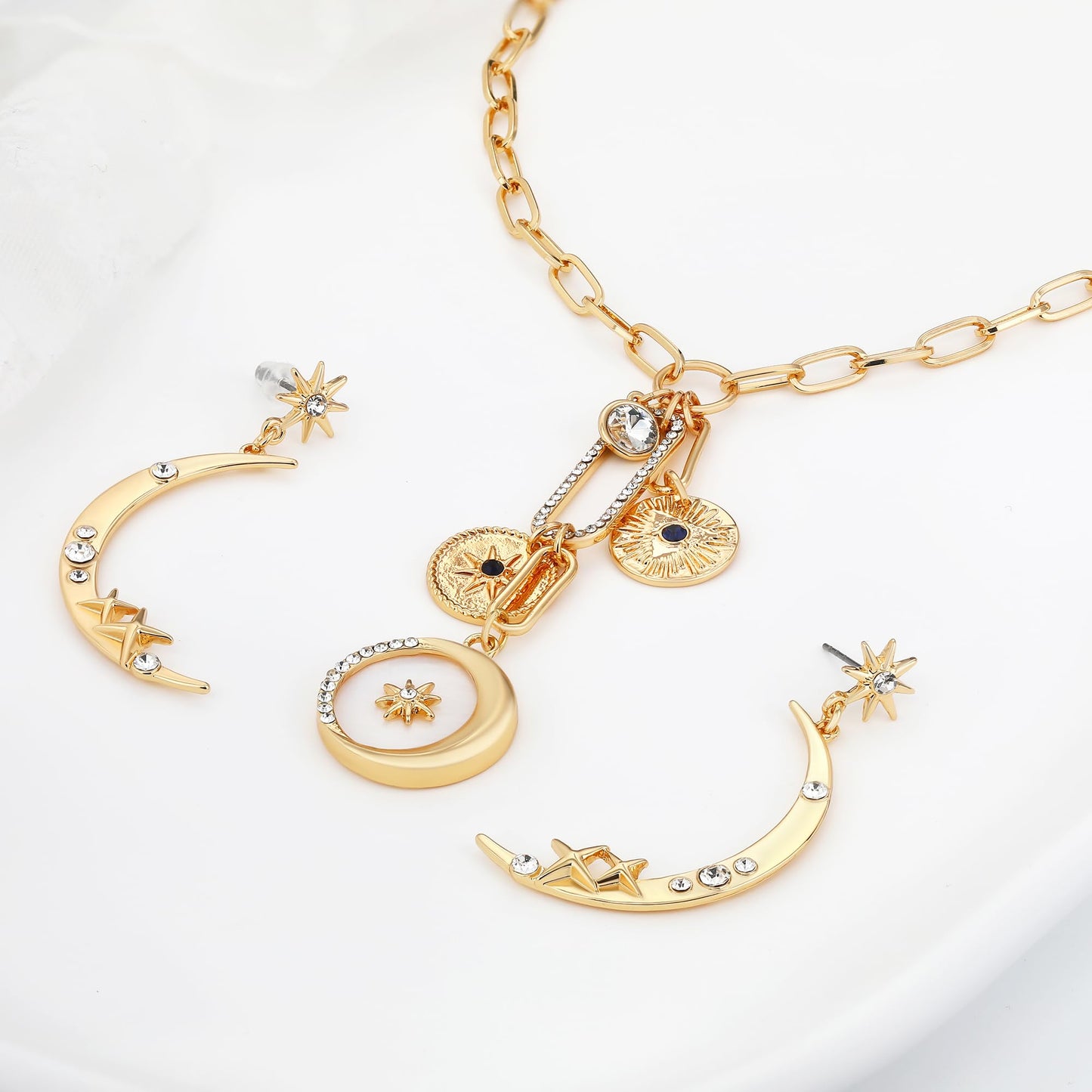 MISS RIGHT Charm Necklace for Women Star Moon Necklaces Earrings Jewelry Set, Crescent Moon Shell Charm Gold Paperclip Chain Necklace Moon Star Dangle Earrings Celestial Jewelry