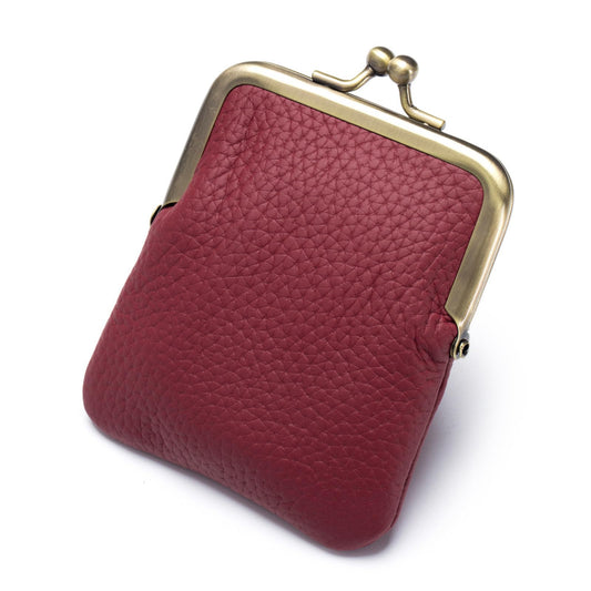Wasugayi Genuine Leather Vintage Kiss Lock Coin Purse for Women, Mini Change Purse with Metal Clasp, Slim Portable Leather Pouch for Coins Keys Cash Cards (Red)