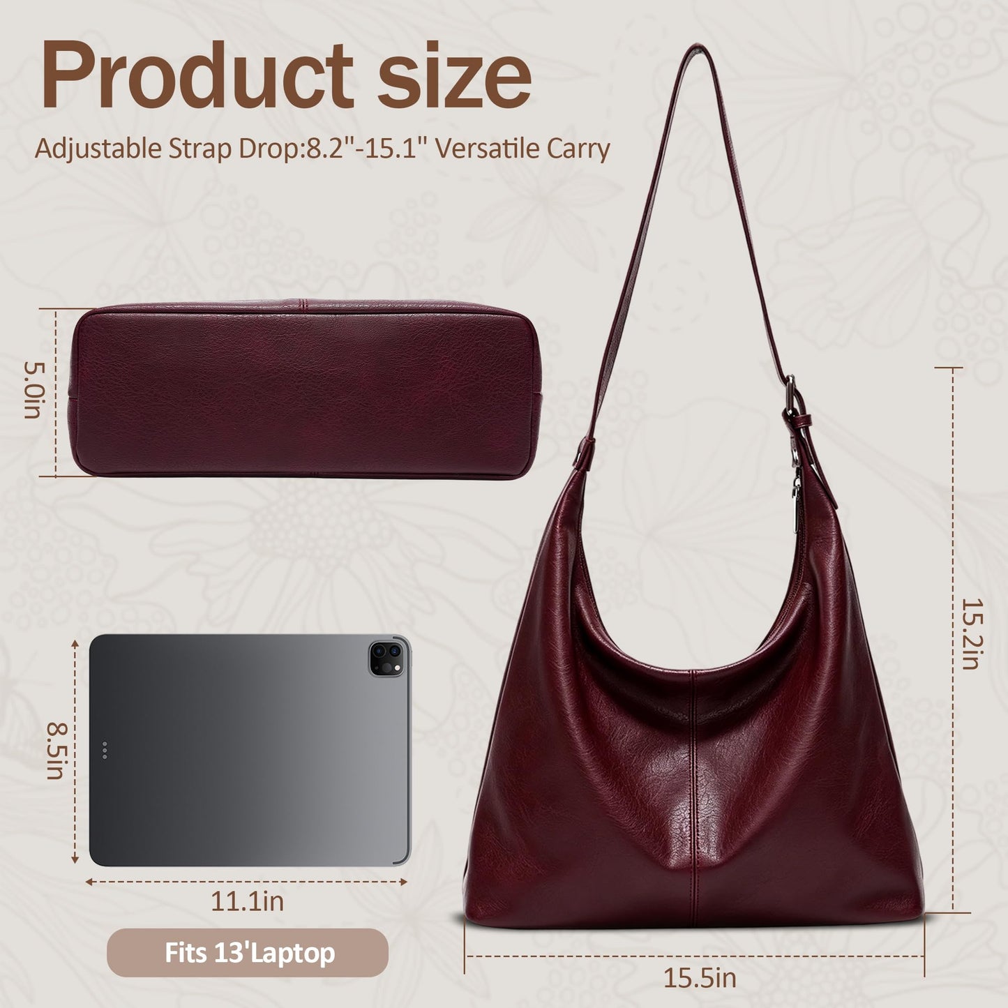 Hobo Bags for Women, Slouchy Shoulder Purse in Vintage Burgundy Vegan Leather, Large Handbag with Adjustable Strap & Center Divider Pocket