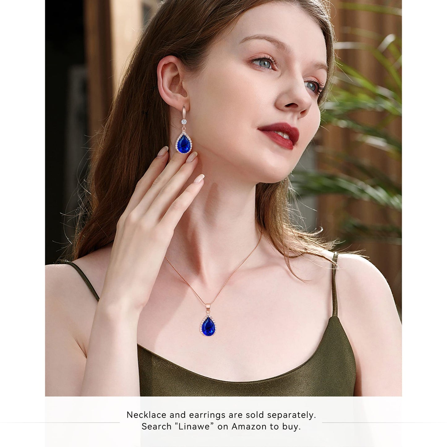 Linawe Sapphire Blue Earrings for Women Rose Gold, Imitation Diamond Drop Dangle Earrings, Chandelier Rhinestone Cubic Zirconia Crystal Teardrop Earrings, Wedding Jewelry Set