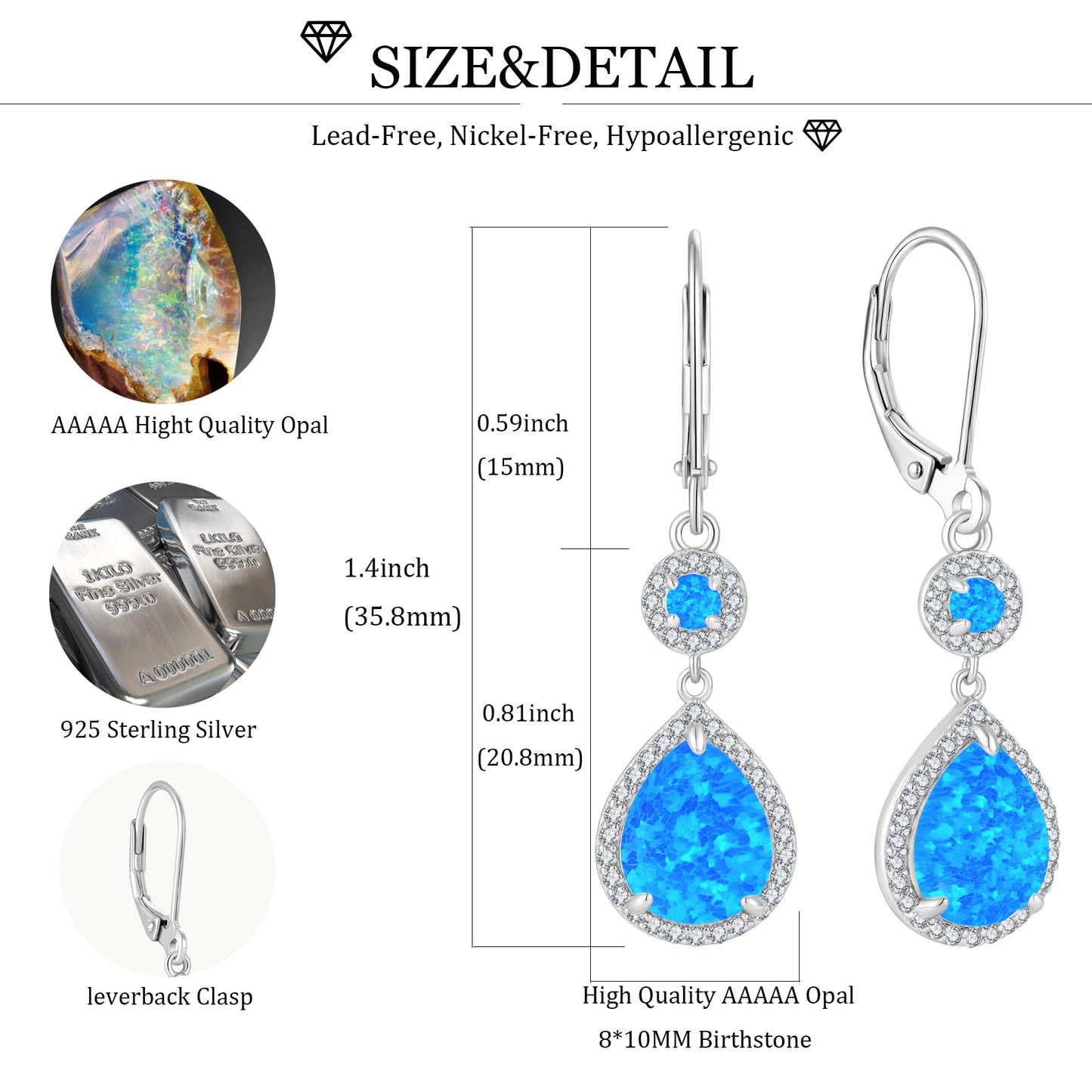 FYNSBLE Blue Opal Earrings for Women Sterling Silver Dangle Drop Leverback Earrings Hypoallergenic Jewelry for Women