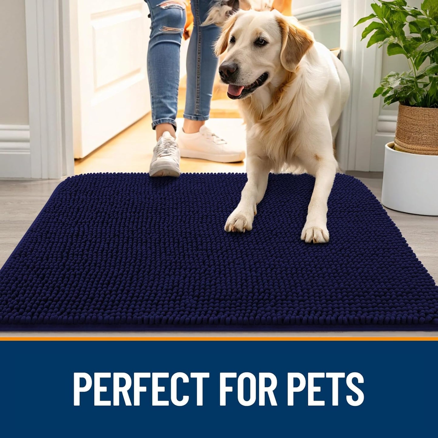 OLANLY Dog Door Mat - Absorbent Non-Slip Mud Mat for Indoor Use | Quick Dry Chenille, Navy Blue 70x35
