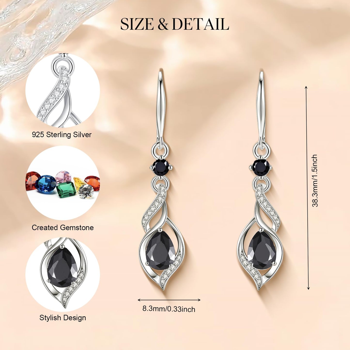 FANCIME Gift for Women October Birthstone Dangle Earrings for Her Teardrop Black Tourmaline Dangle Earrings S925 Sterling Silver infinity Love Birthday Gifts for Mom Women