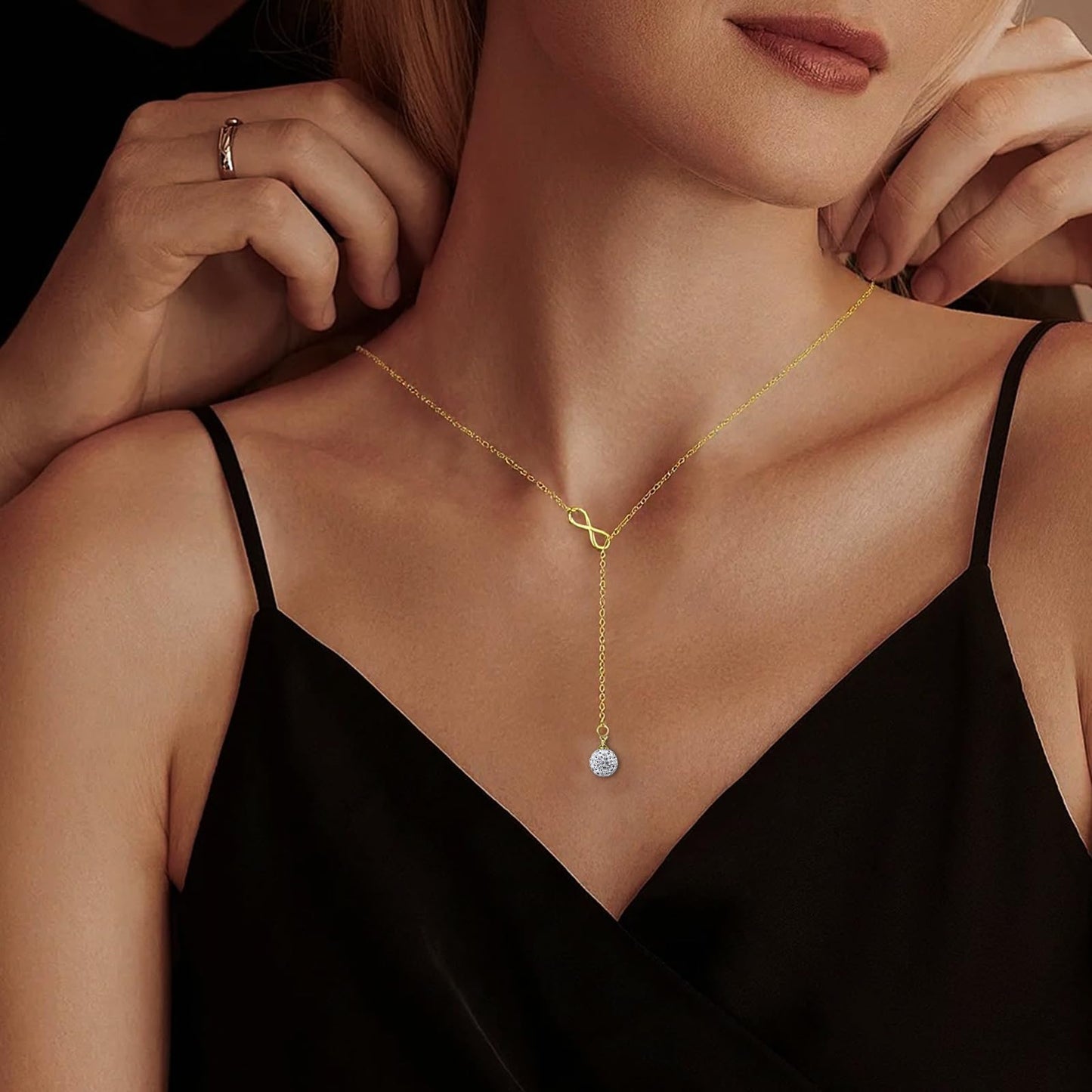 Rossorha Gold Necklace for Women, 18K Infinity Y Necklace, Moissanite Pendant Lariat Necklace, Dainty Drop Necklaces Jewelry Gift for Women