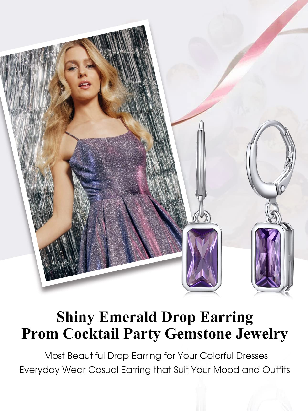 Bestyle Silver February Birthstone Dangle Earrings - Amethyst Crystal Drop Baguette Earrings for Women - Dainty Cute Small Silver Huggie Hoop Dangle Earrings for Birthday Wedding Party Gowns
