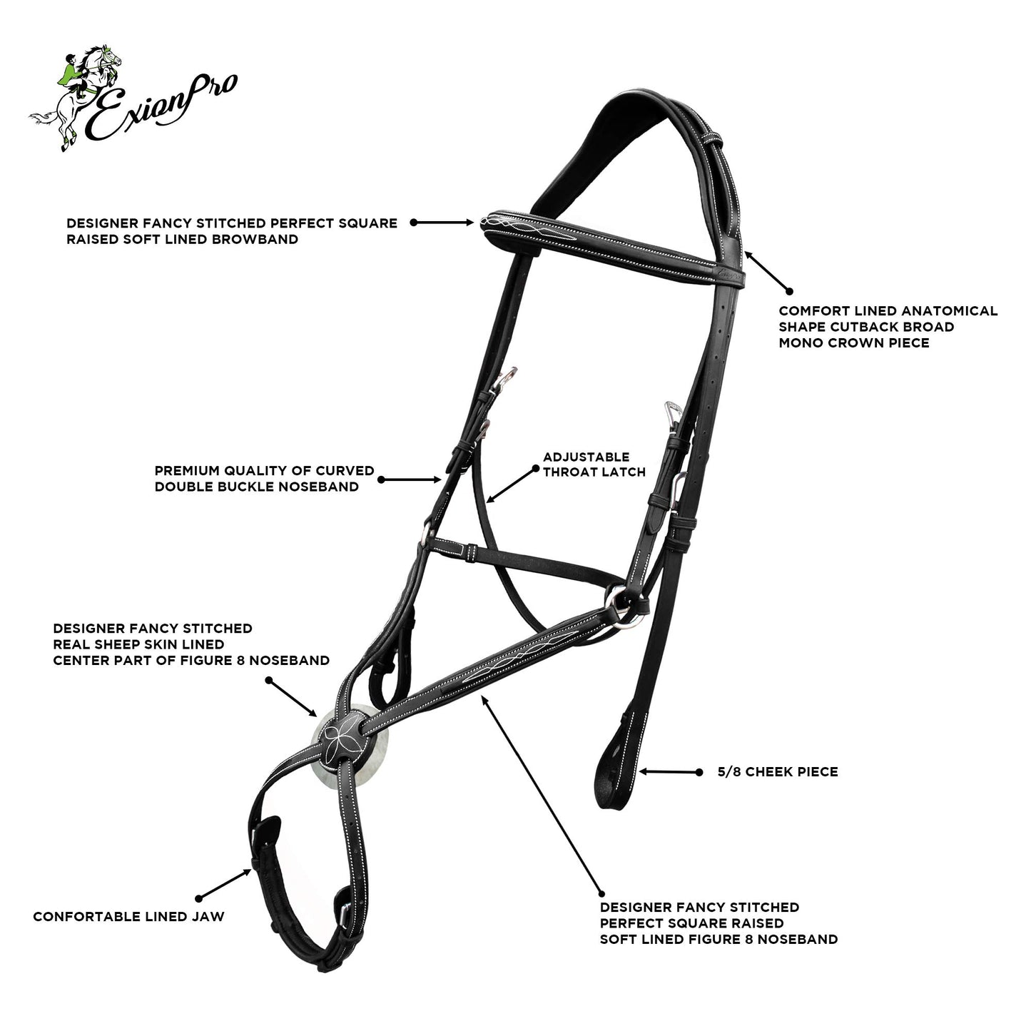 ExionPro Exion Anatomic Shape Crown Piece Fancy Stitched Square Raised Figure 8 Noseband Jumping Bridle with Rubber Reins | English Figure 8 Bridle