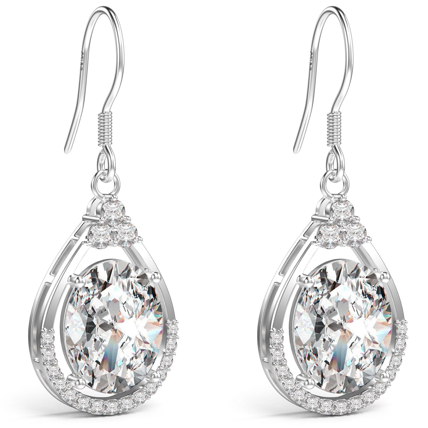 18K White Gold Plated Sterling Silver Oval Cut Cubic Zirconia Drop Dangle Earrings for Women Hypoallergenic Statement Earrings Gifts for Women Mom (Clear)