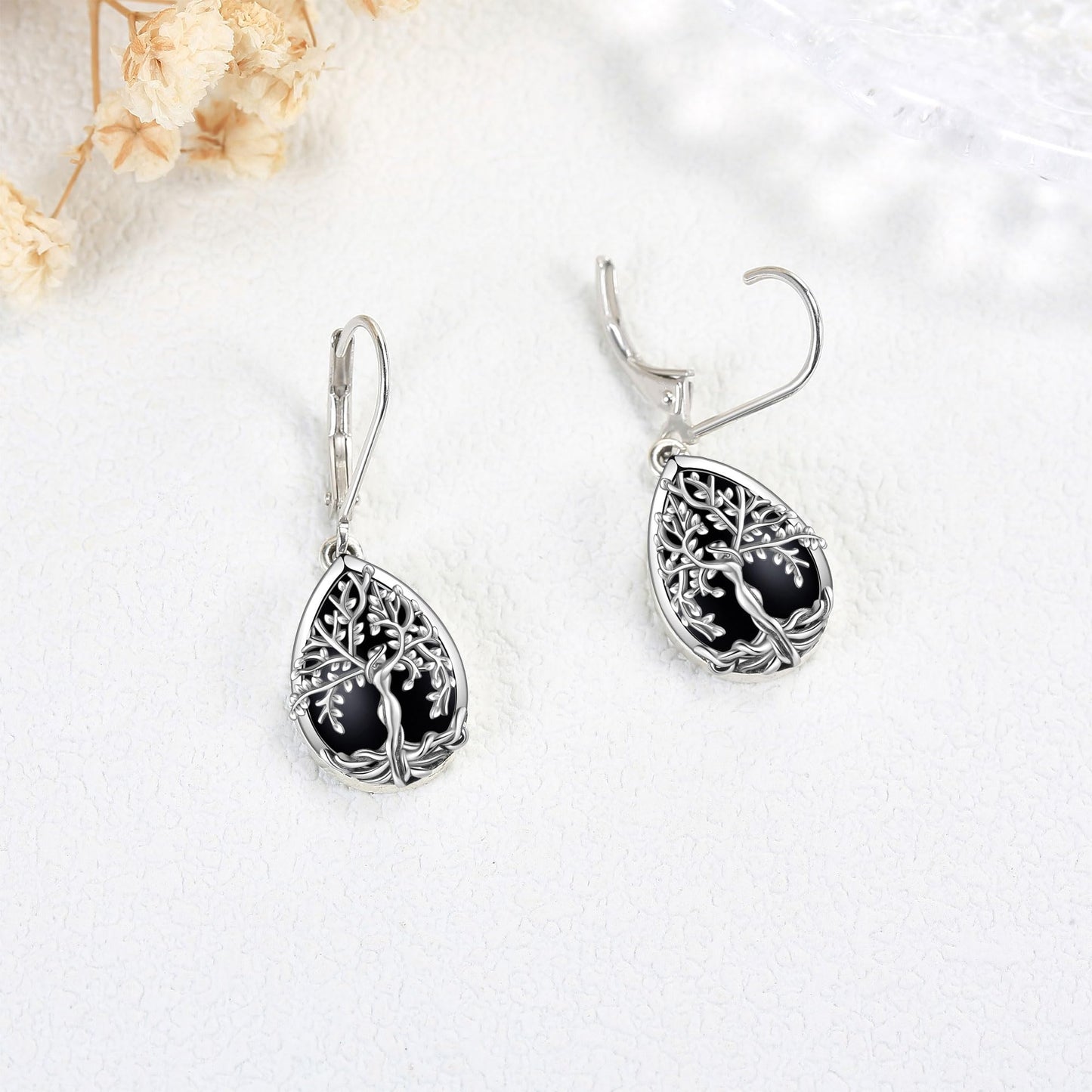 ONEFINITY Tree of Life Earrings Sterling Silver Black Tourmaline Tree of Life Dangle Drop Earrings Teardrop Black Tourmaline Jewelry for Women
